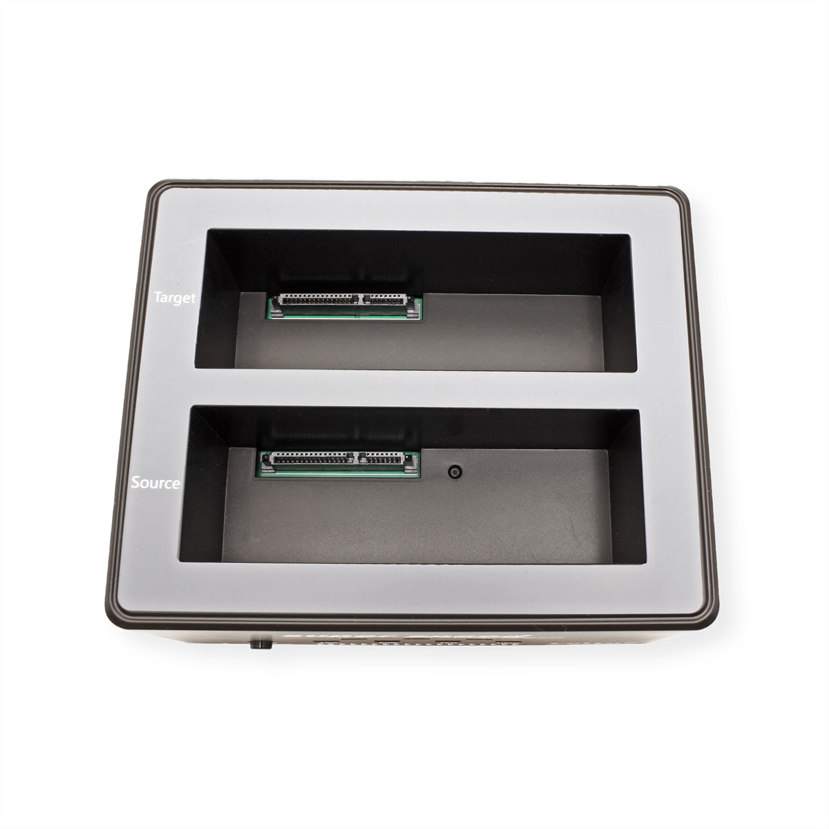 A black device with two slots, labeled Source and Target. It is on a white background.