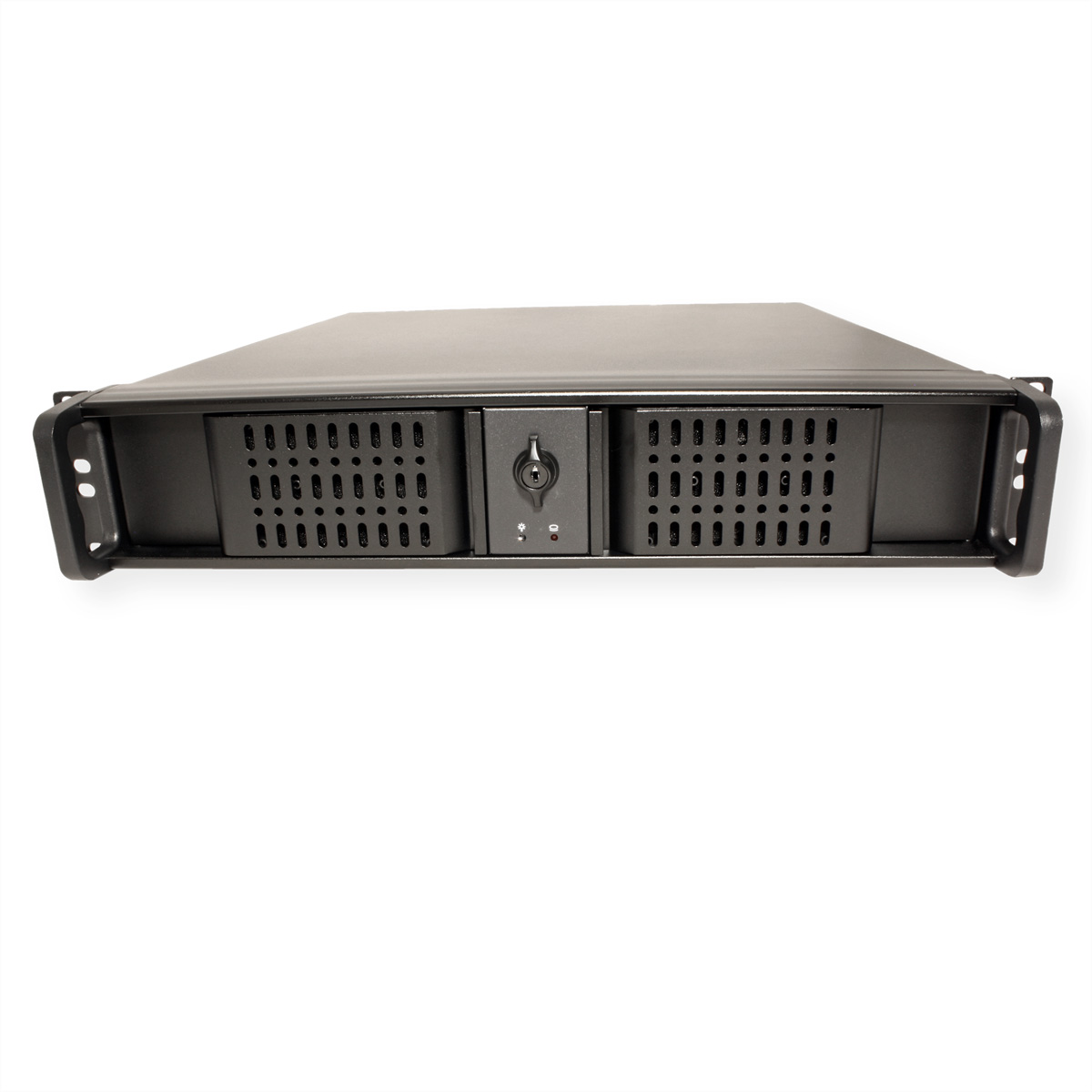 Rack server nero con serratura, due aree di ventilazione e maniglie.