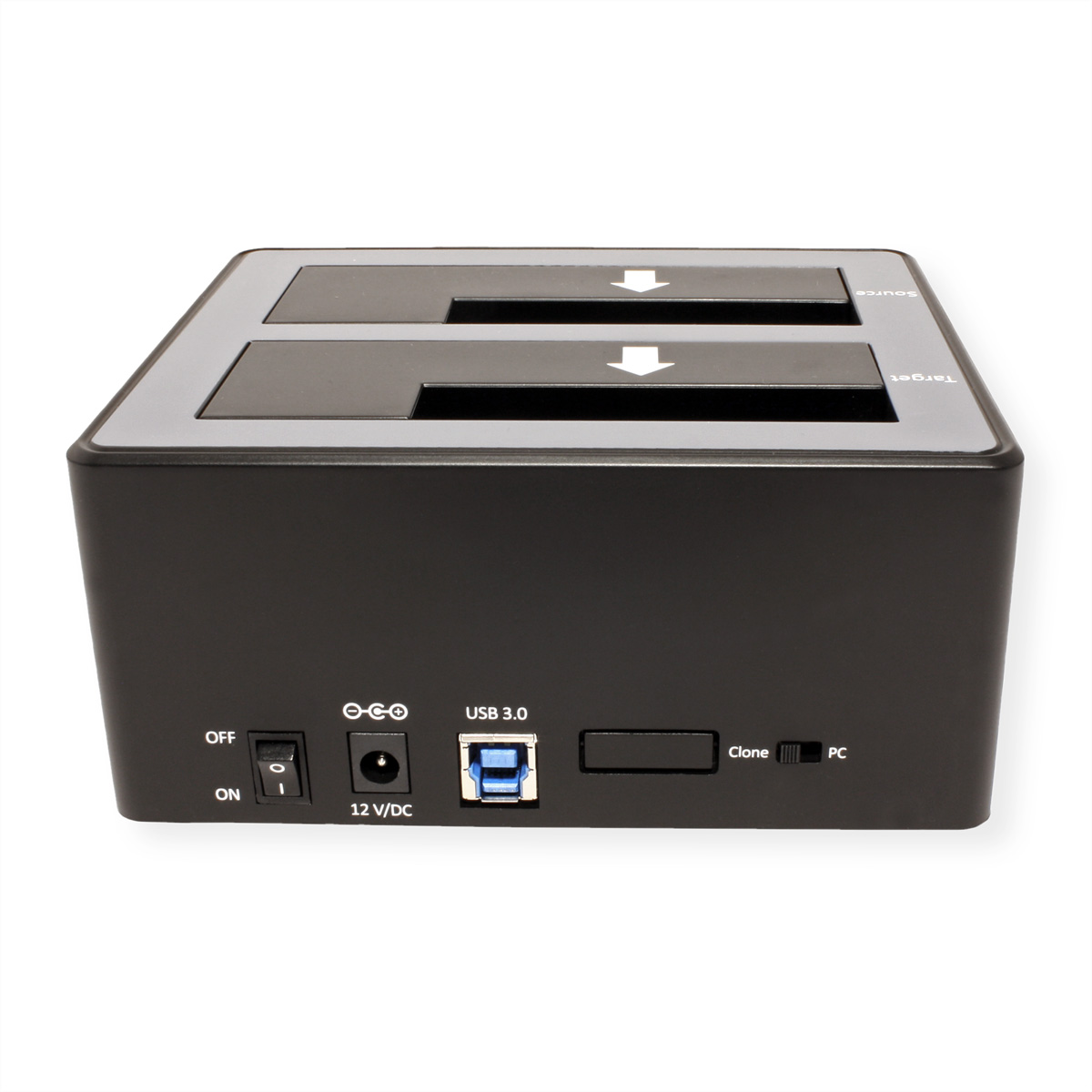 Black hard drive docking station with USB 3.0 port and clone/PC switch. Has source/target labels.