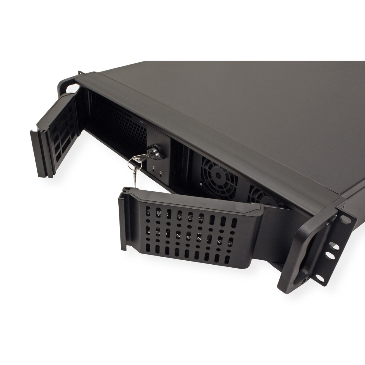 Case server nero con pannello frontale aperto. Chiave visibile. Maniglie nere.