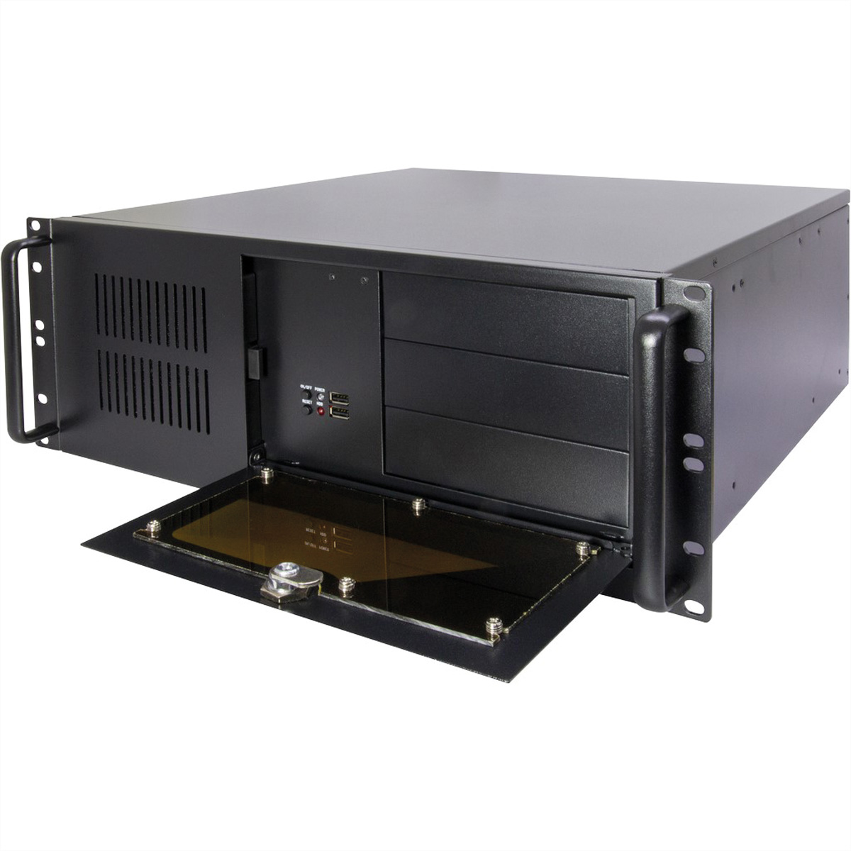 Zwarte serverkast met open glazen deur. Ventilatiesleuven en handgrepen zijn zichtbaar.
