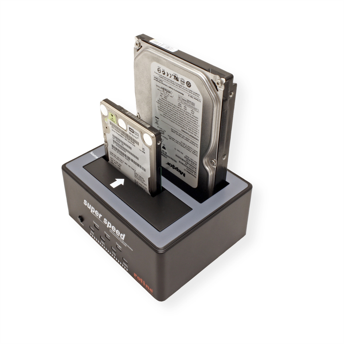 A black and gray hard drive docking station with two hard drives inserted, with a white arrow.