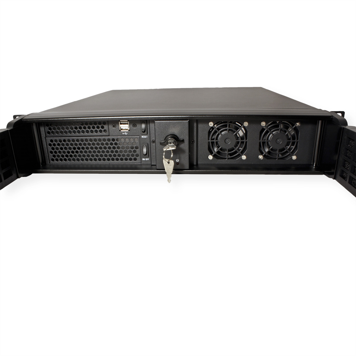 Vista frontale di un case server nero, con USB, pulsante di reset, serratura e ventole di raffreddamento.