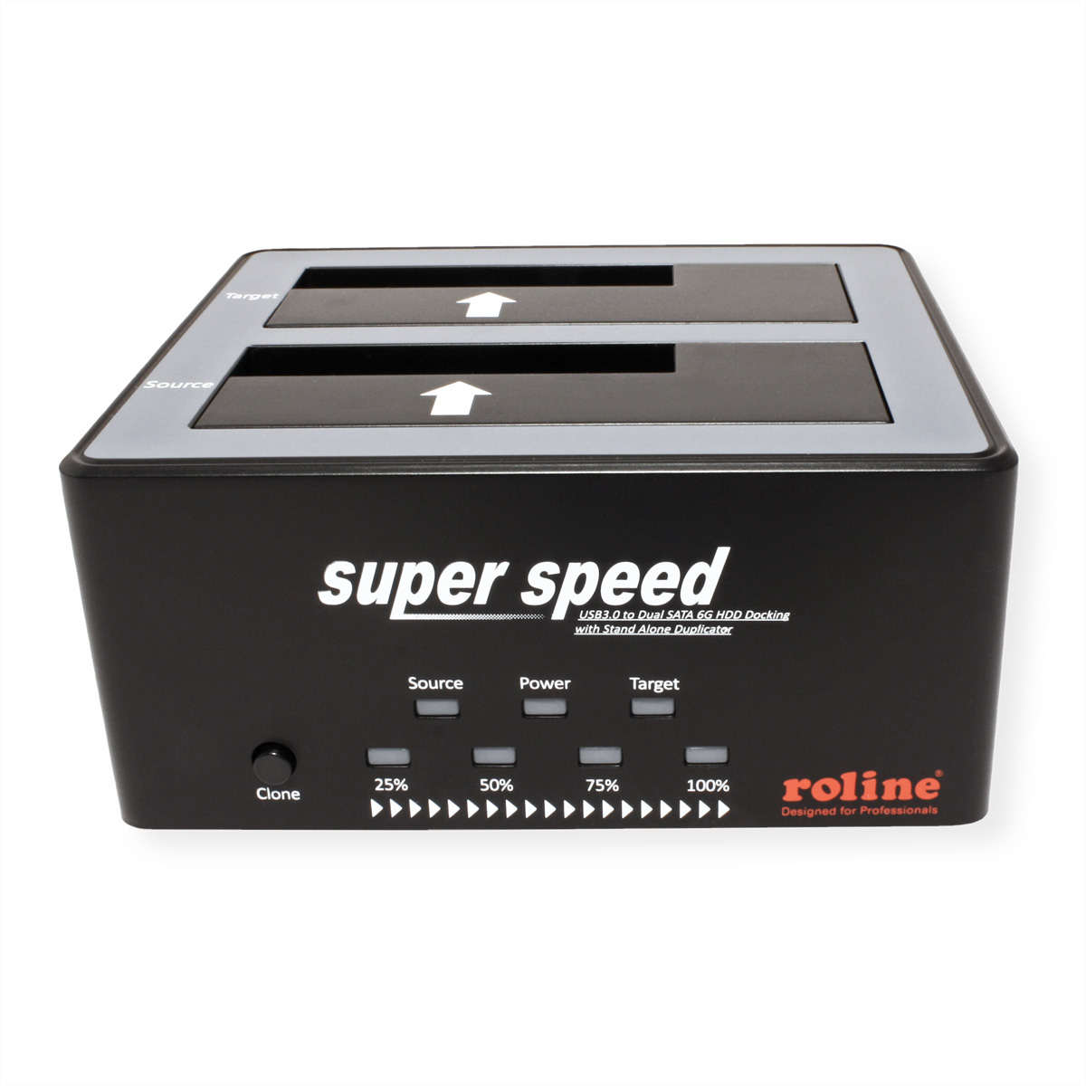 Black device with 'super speed' text, white text, and multiple buttons on a white surface.