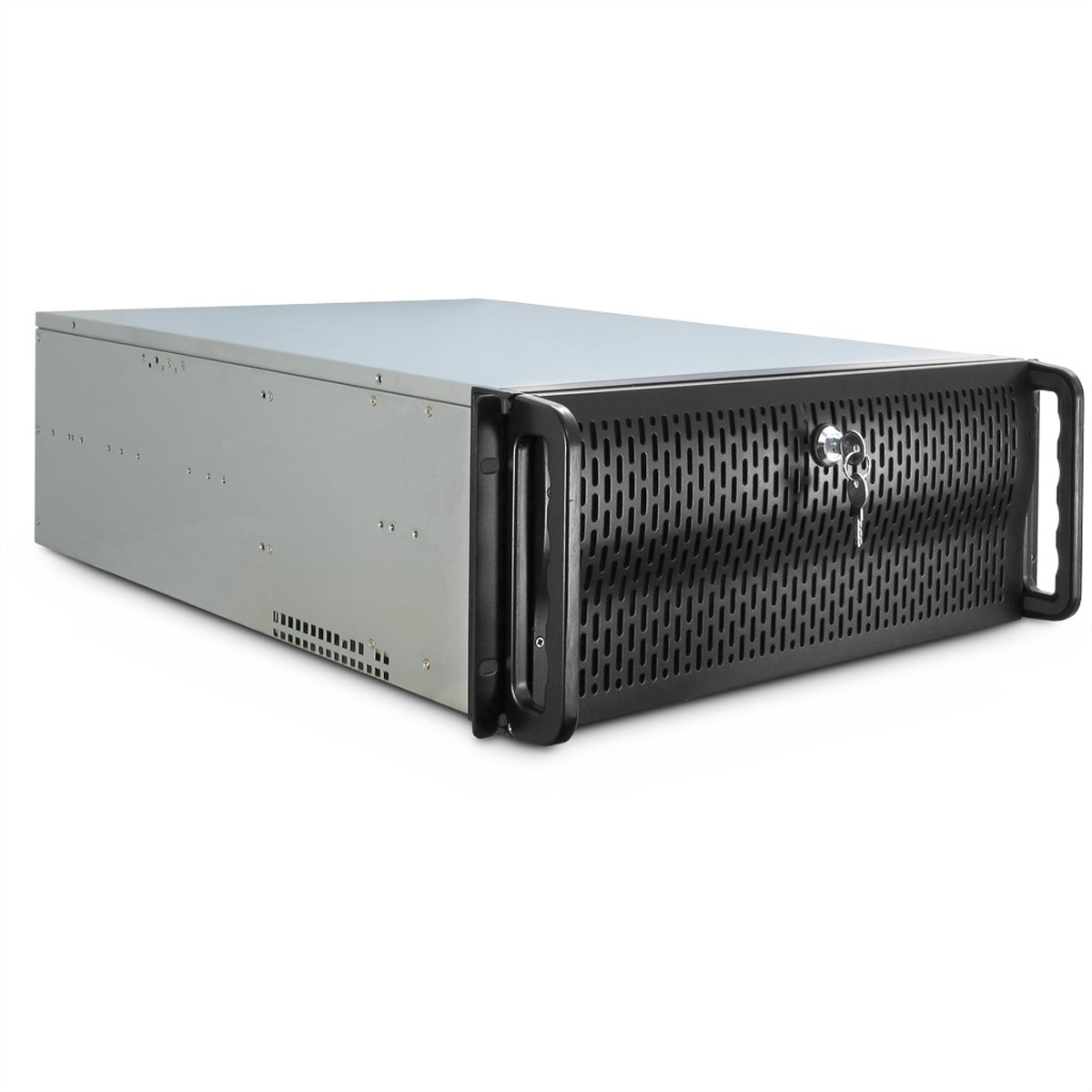 Un boîtier de rack serveur avec un panneau avant noir.