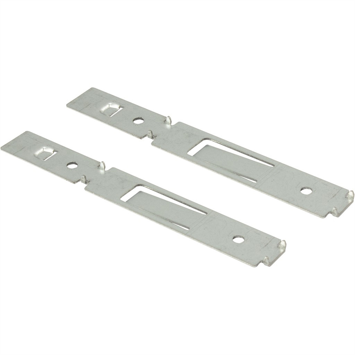 Deux supports métalliques argentés. Ils ont une forme rectangulaire. Fond blanc.