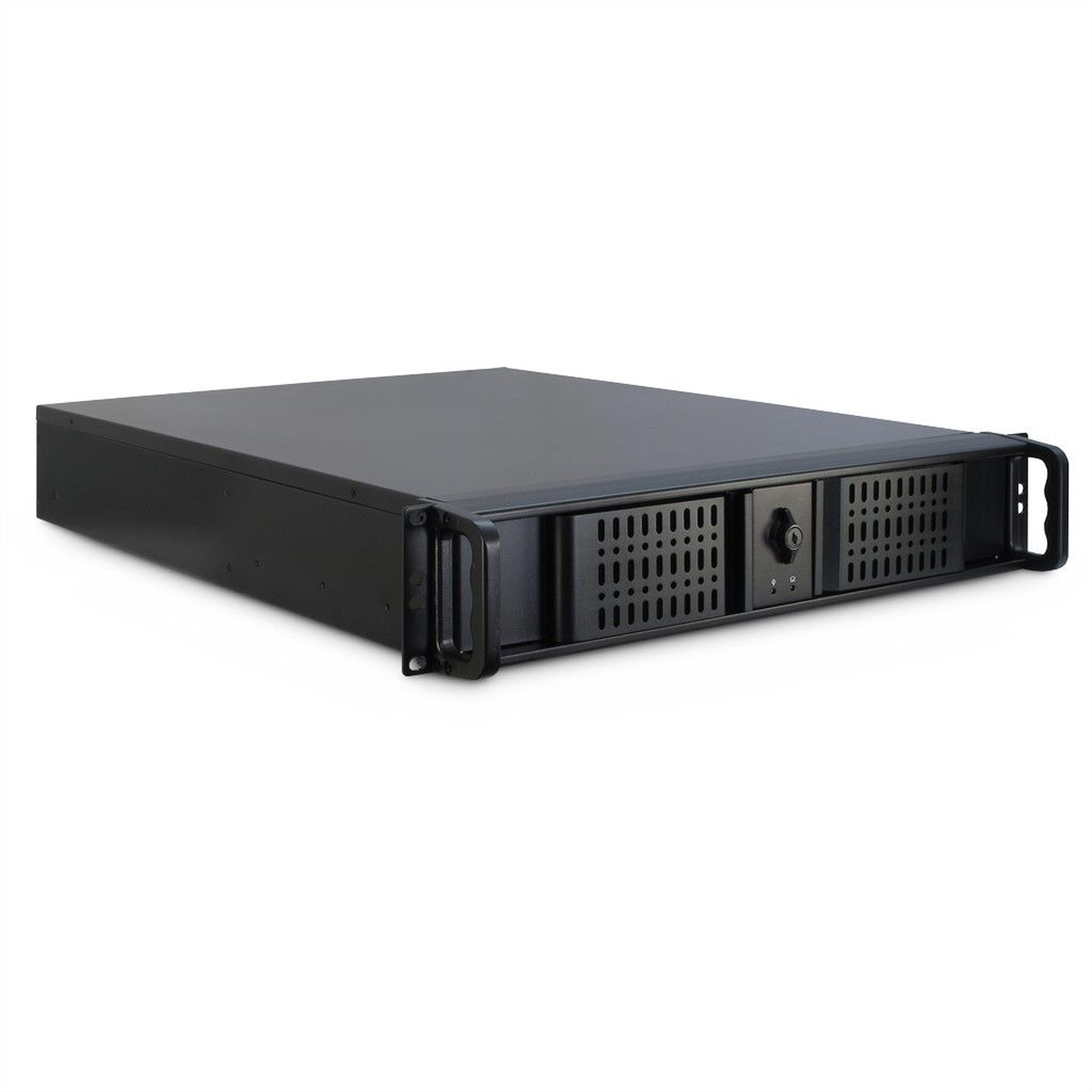 Rack server nero con fori di ventilazione e serratura centrale.