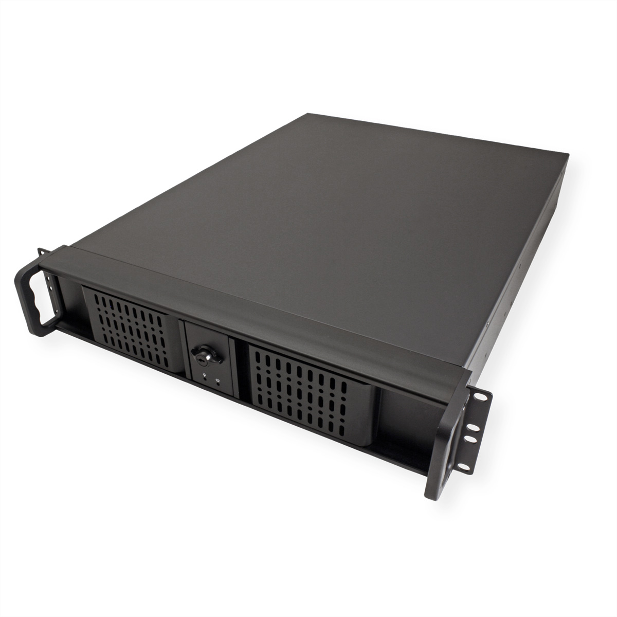 Case server nero con maniglie, ventilazione e pannello frontale bloccabile su una superficie bianca.