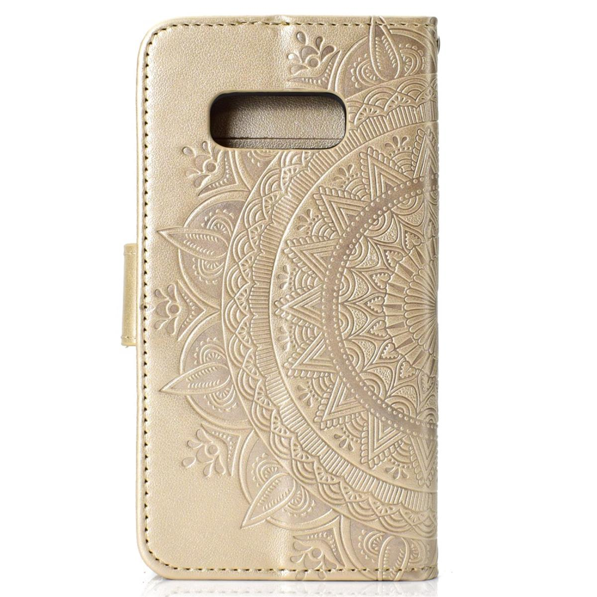Goldene Handyhülle mit Mandala-Design. Enthält Aussparungen für Kamera und Knöpfe.
