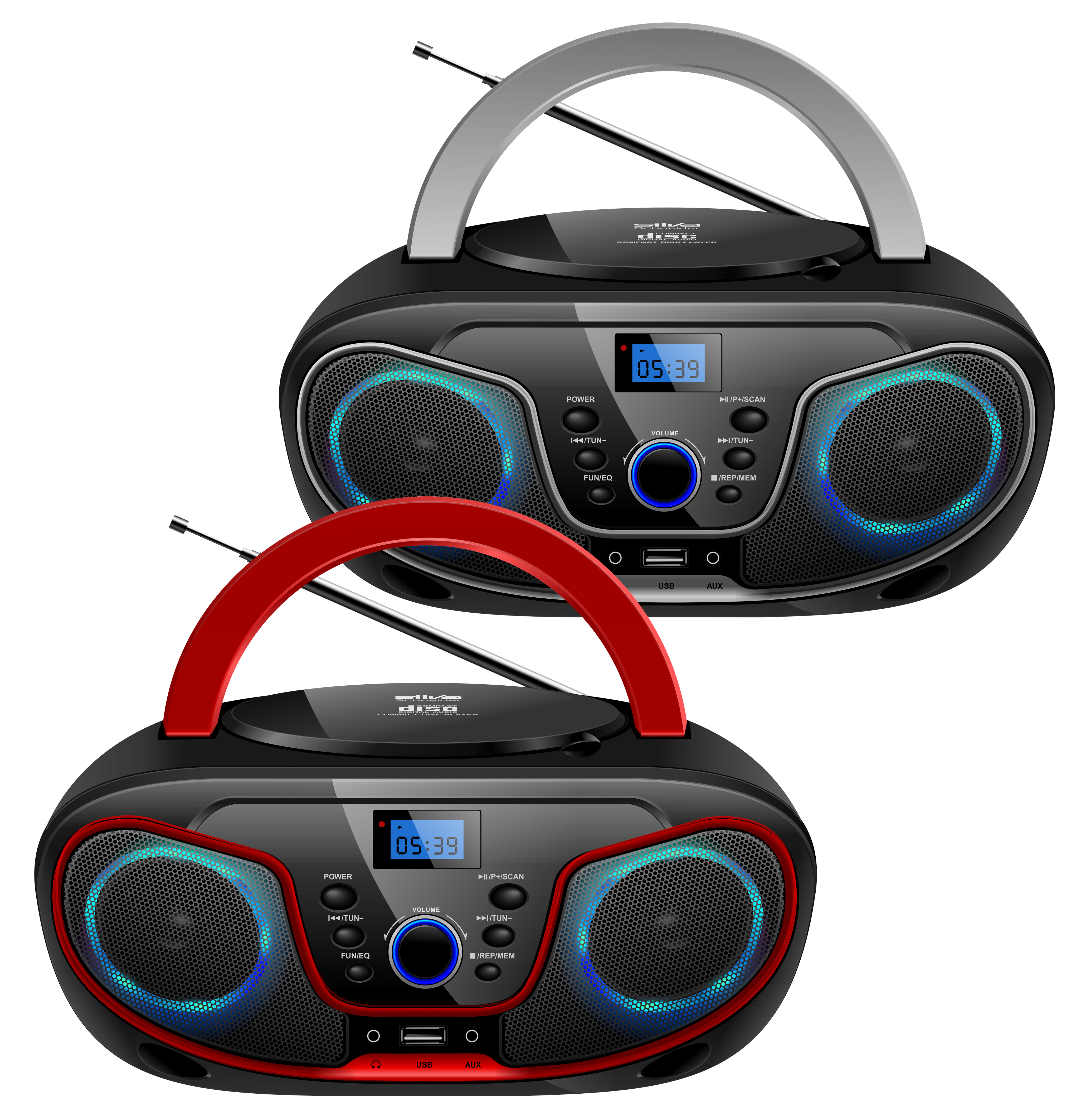 Zwei schwarze Ghettoblaster, einer mit rotem, einer mit silbernem Griff.