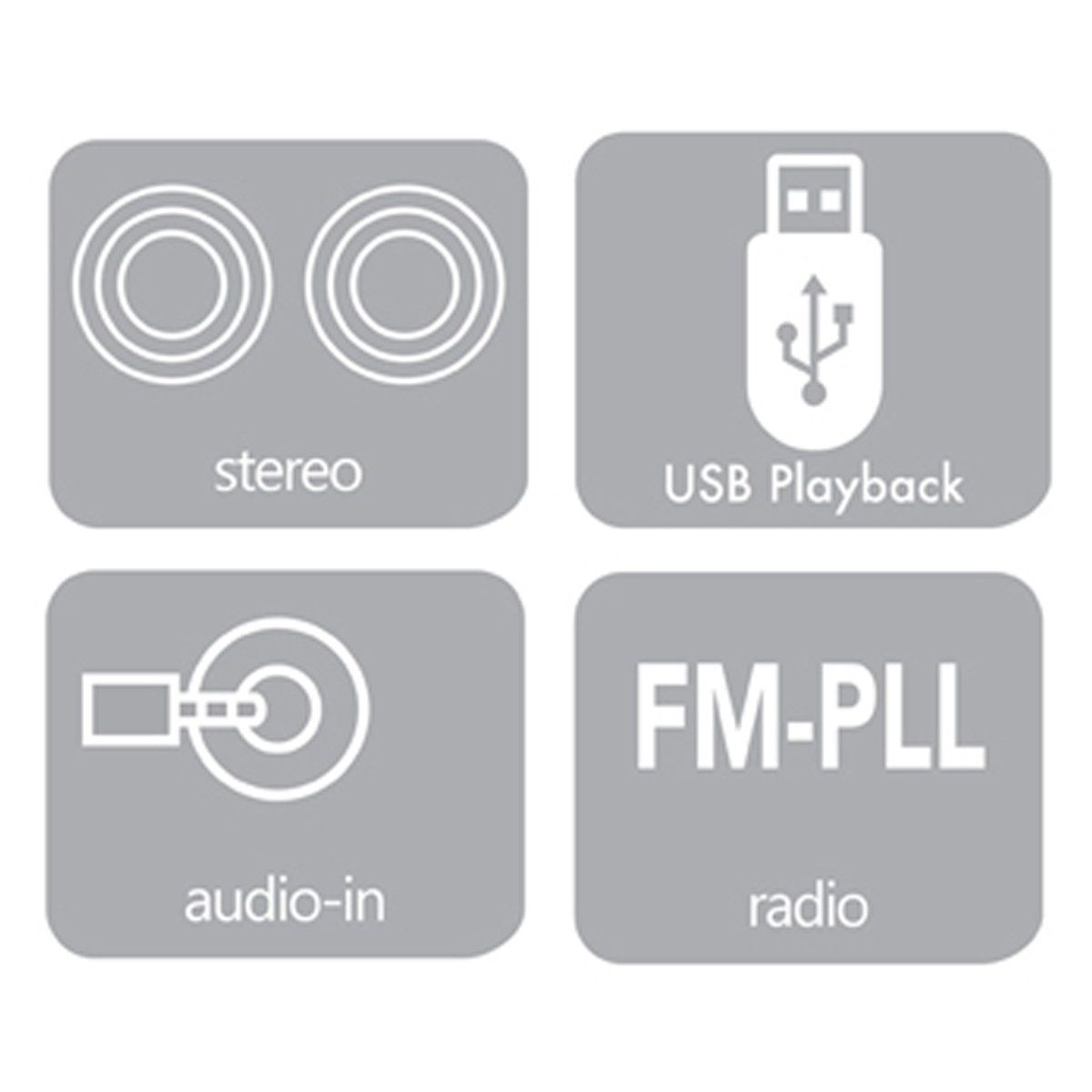 Vier graue Quadrate: Stereo-, USB-Wiedergabe-, Audio-Eingangs- und FM-PLL-Radio-Symbole sind sichtbar.
