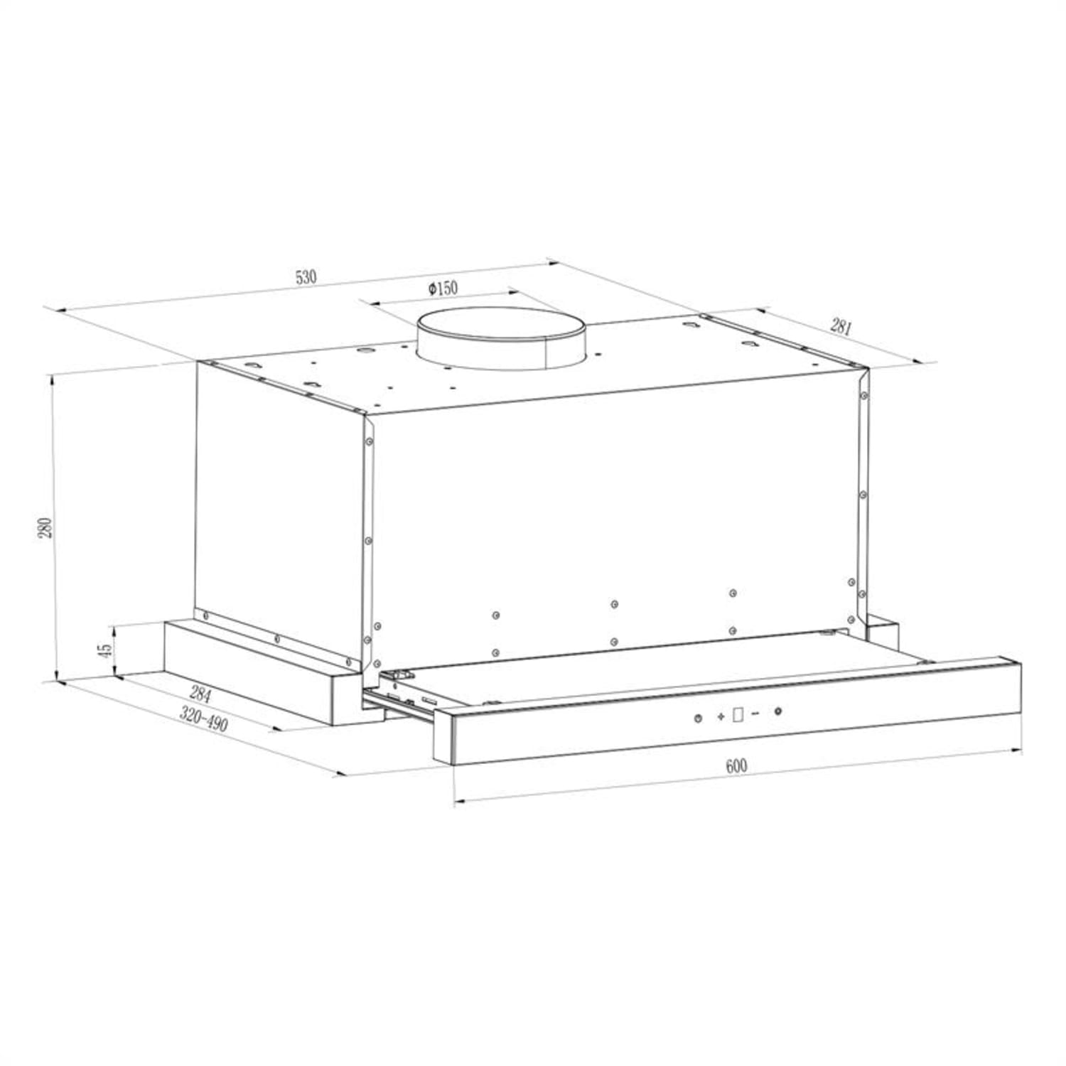Dibujo técnico de campana extractora con dimensiones sobre fondo blanco.