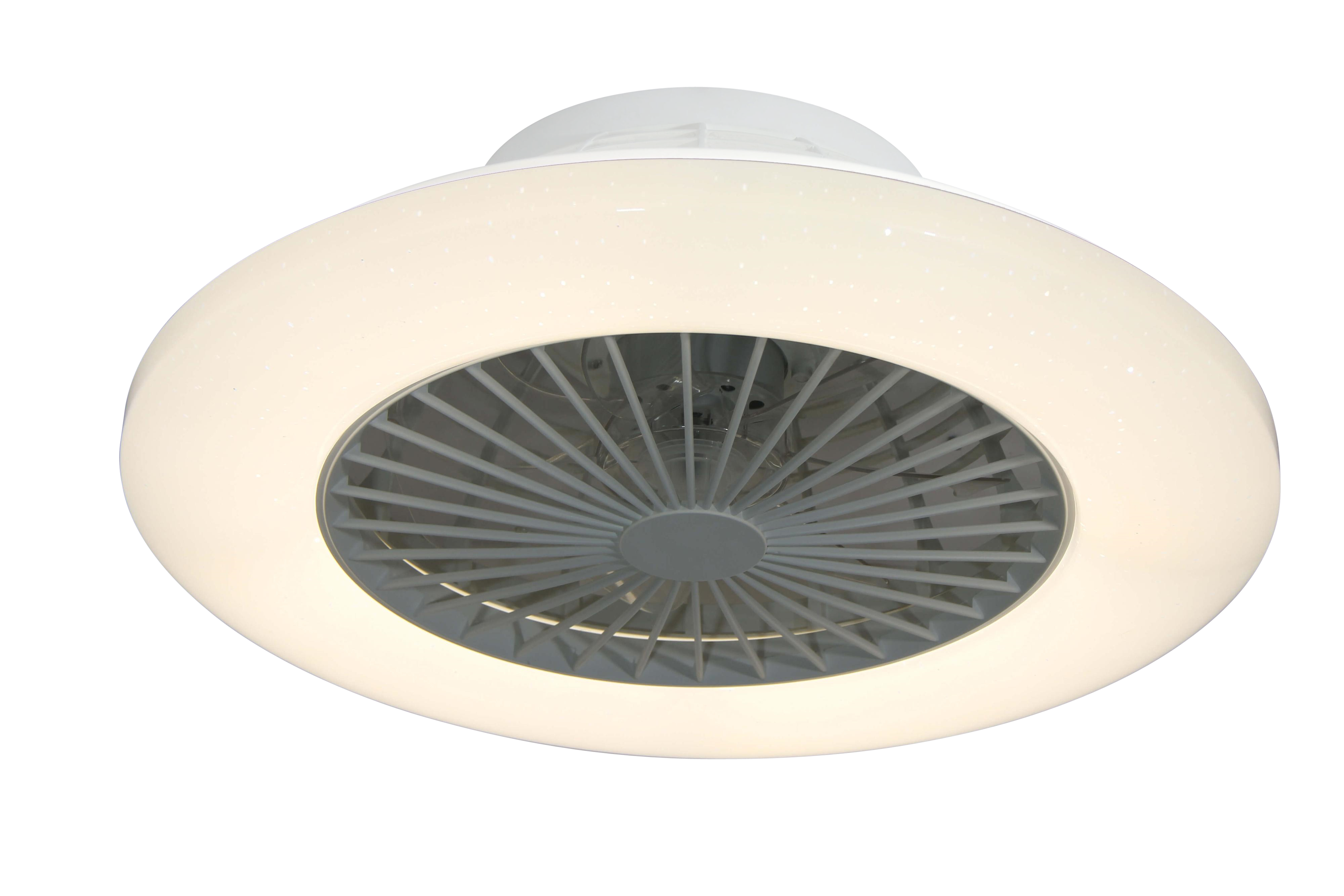 Ein weißer Deckenventilator mit weißem Lichtring und dunklem Hintergrund.