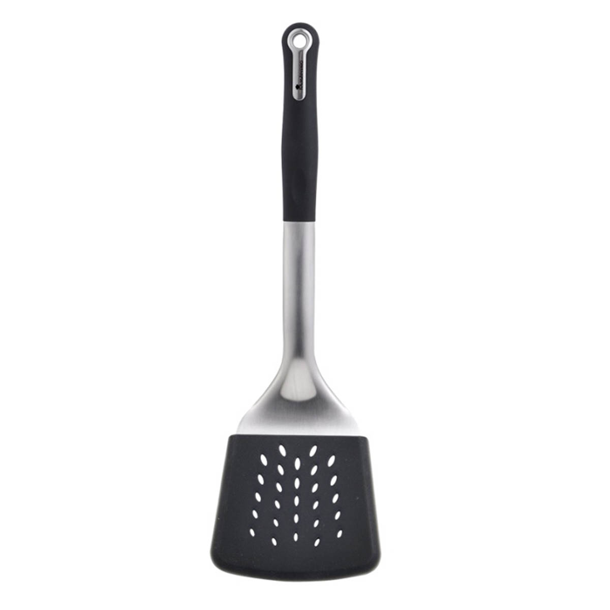 Metal saplı siyah spatula. Oluklu bıçak, gümüş sap, beyaz zemin.