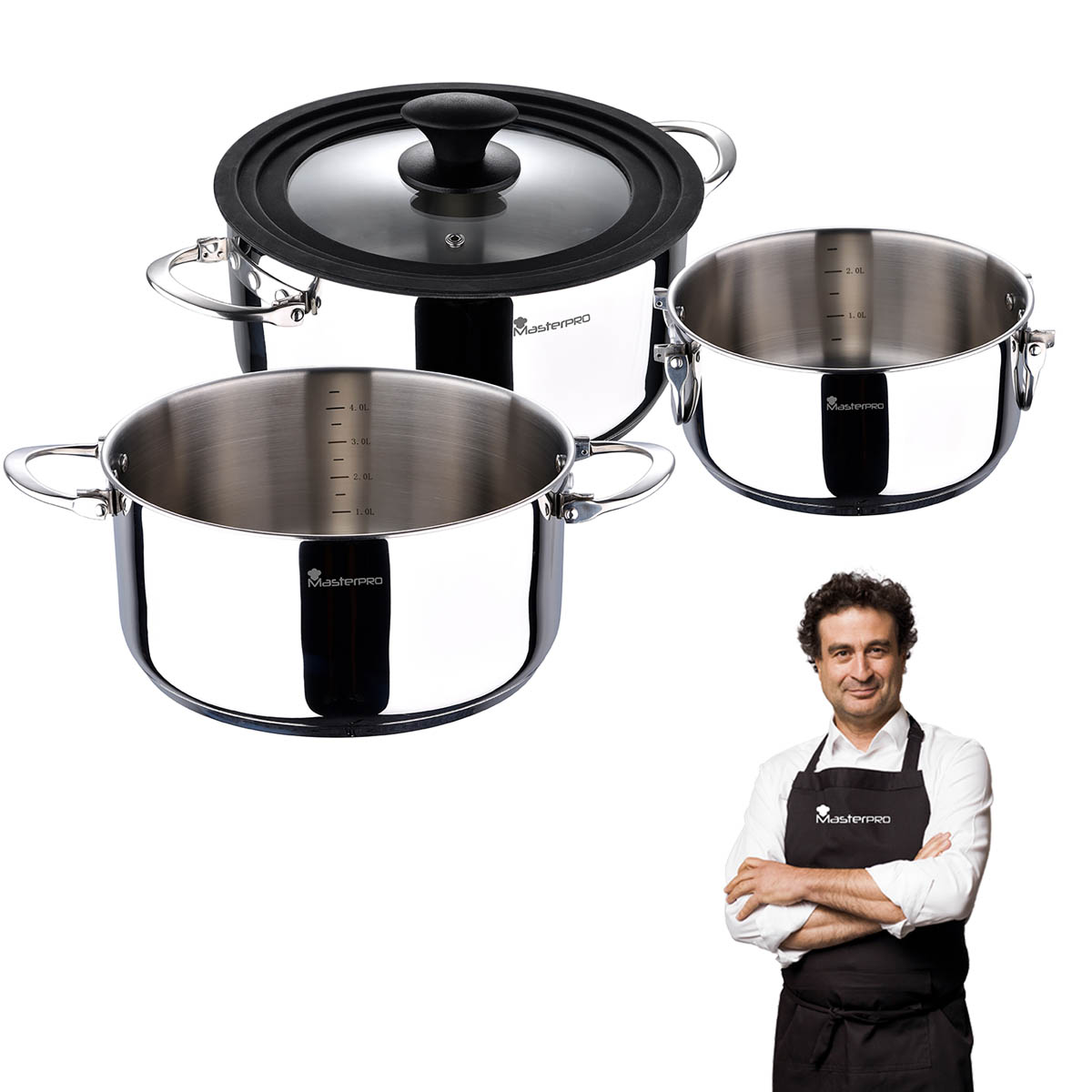 Tre pentole in acciaio inossidabile con uno chef con grembiule nero e un coperchio di vetro.