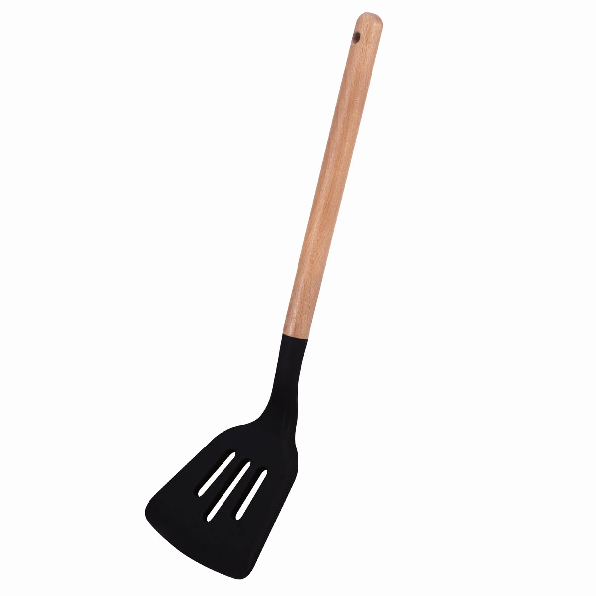 Ahşap saplı siyah bir spatula. Bıçağında üç yuva var.
