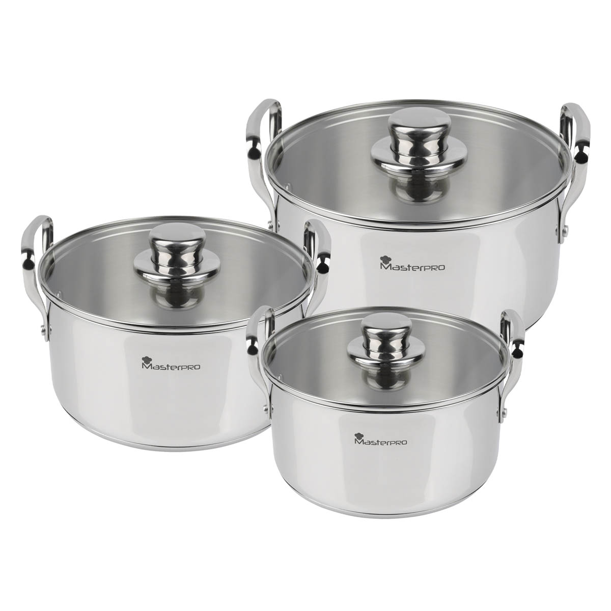 Set 6pc Bateria de cocina acero inoxidable smart masterpro bgmp2145 6 piezas con tapa cristal 20 24 y 28 cm fabricadas en cacerolas induccion