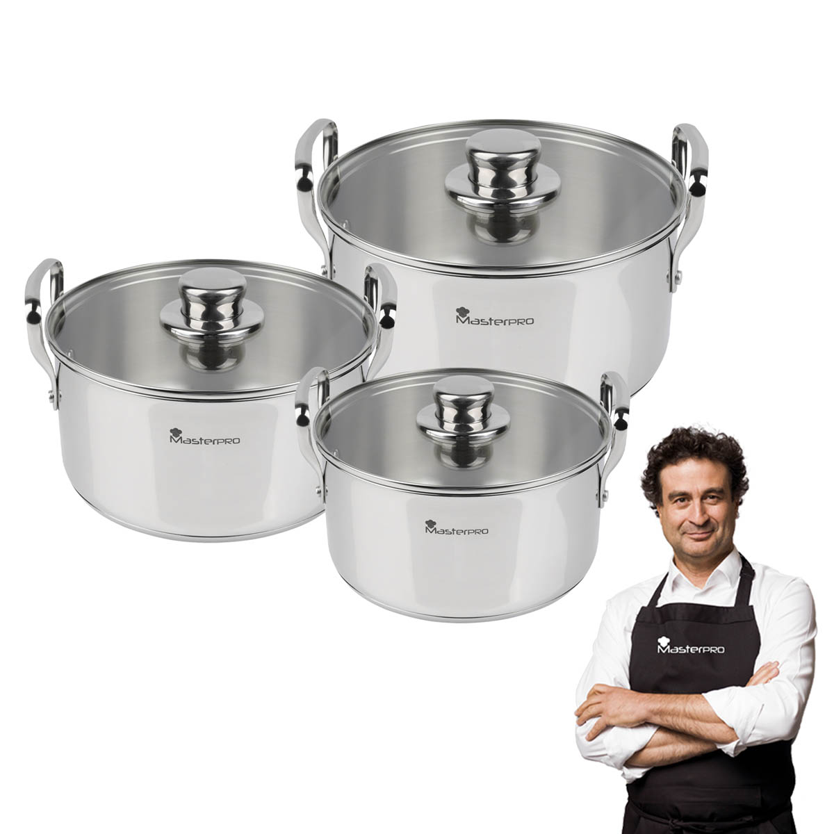 Ollas de acero inoxidable con tapas. Un hombre con uniforme de chef está en la esquina.