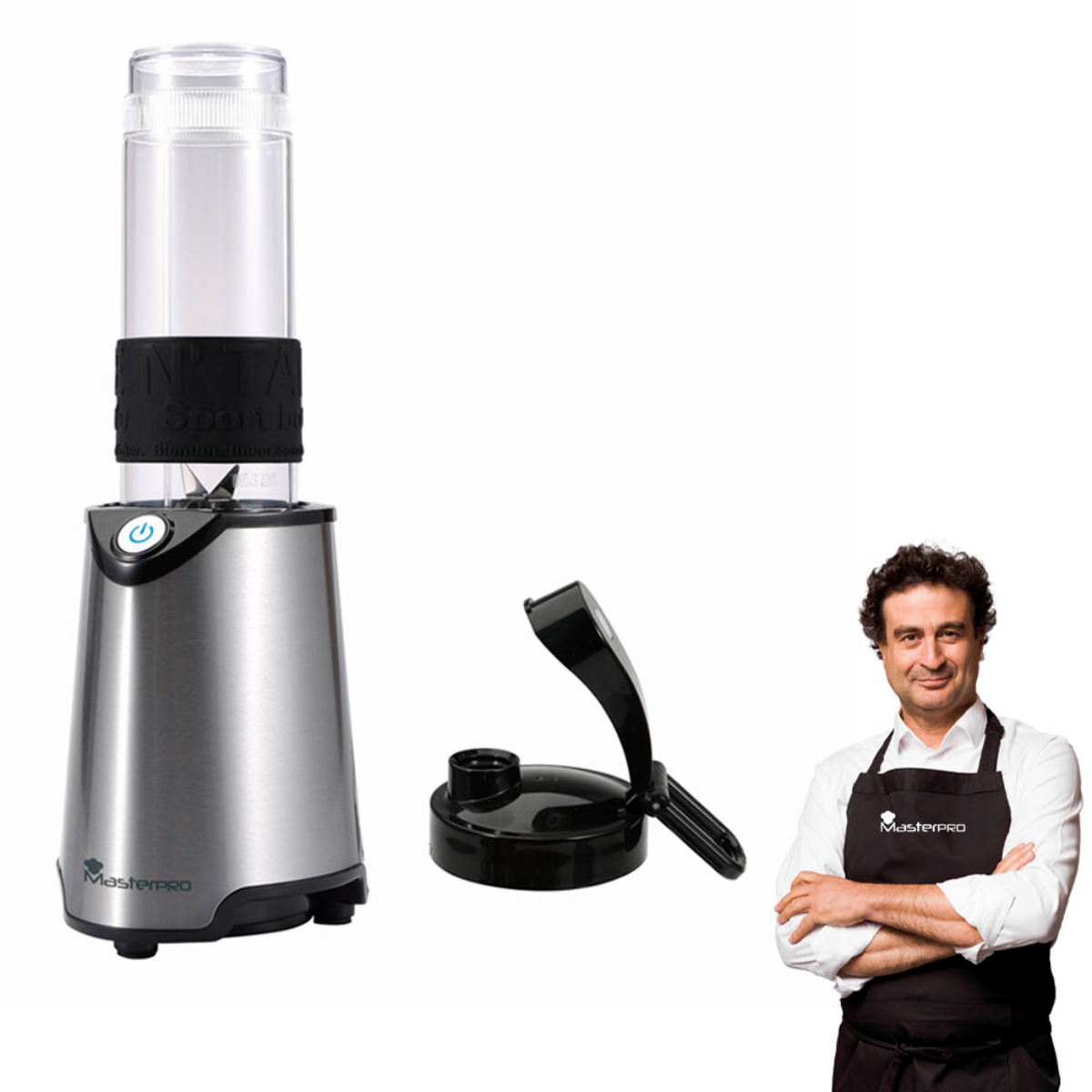 Şeffaf plastik bir kap ve önlük giymiş bir adamla gümüş renkli bir blender.