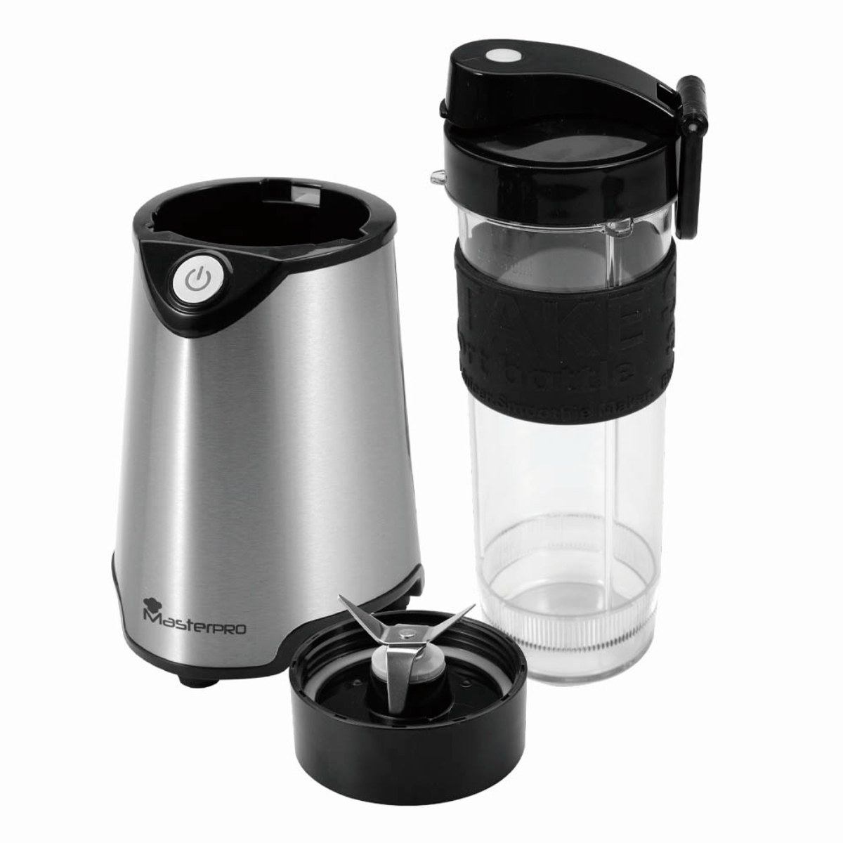 Sökülmüş bir blender, tabanı, bıçak düzeneğini ve şişe parçasını gösteriyor.