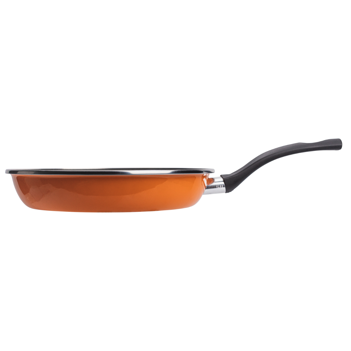 Sartén naranja con mango negro. La sartén mira a la derecha, fondo blanco.