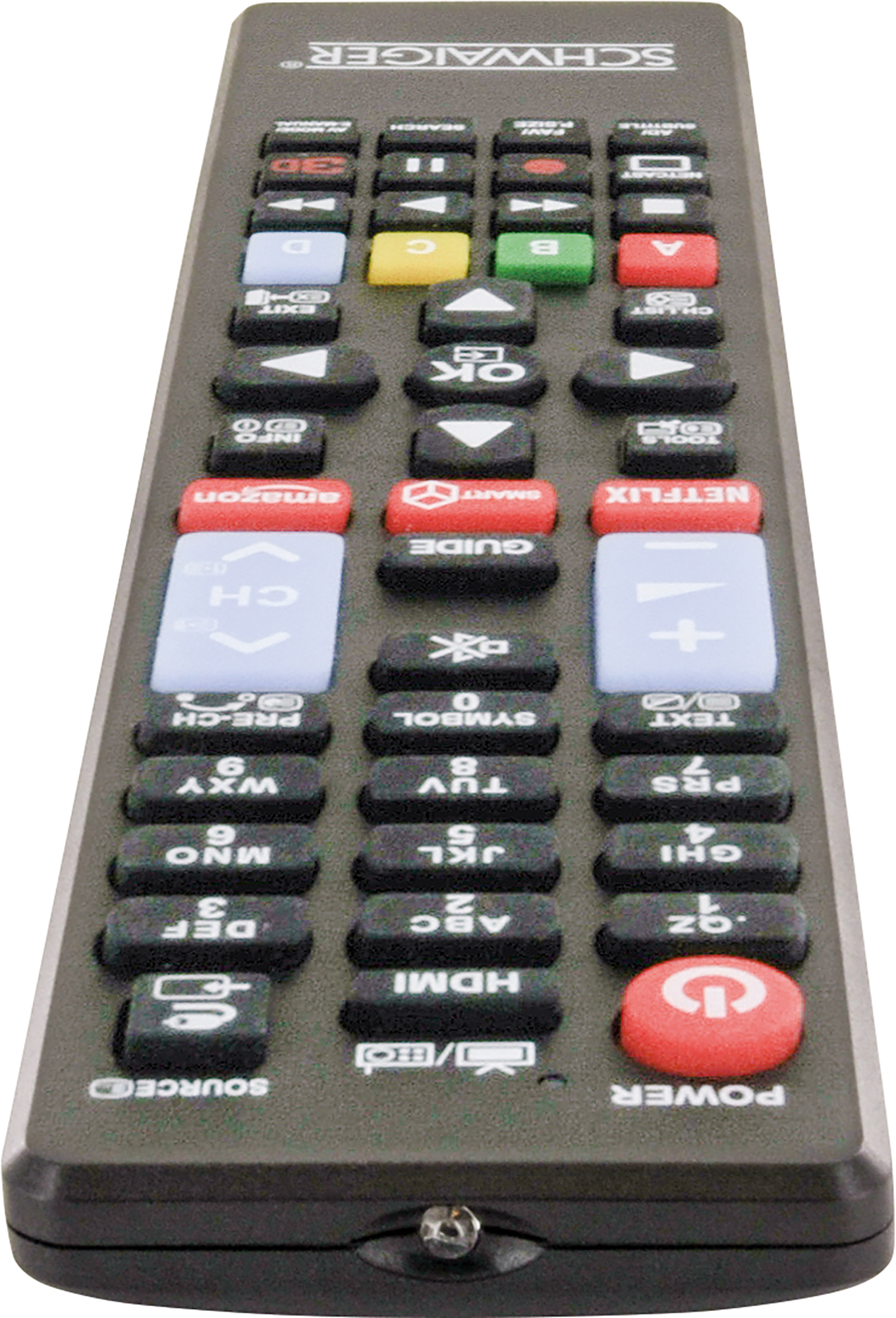 Czarny pilot z wieloma przyciskami. Ma przyciski zasilania, kanału, głośności, Netflix i inne.