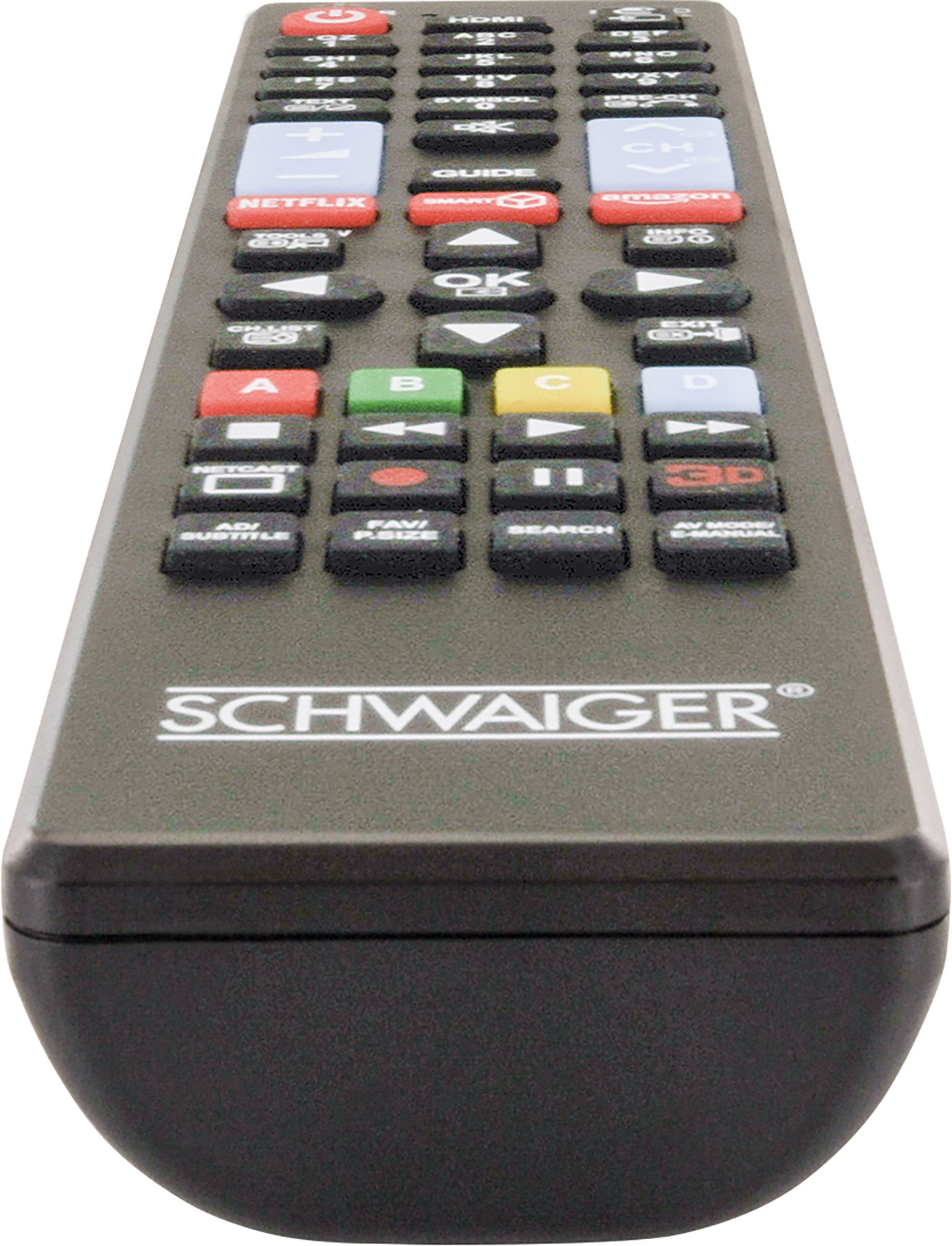 Szary pilot z kolorowymi przyciskami i marką 'SCHWAIGER'.