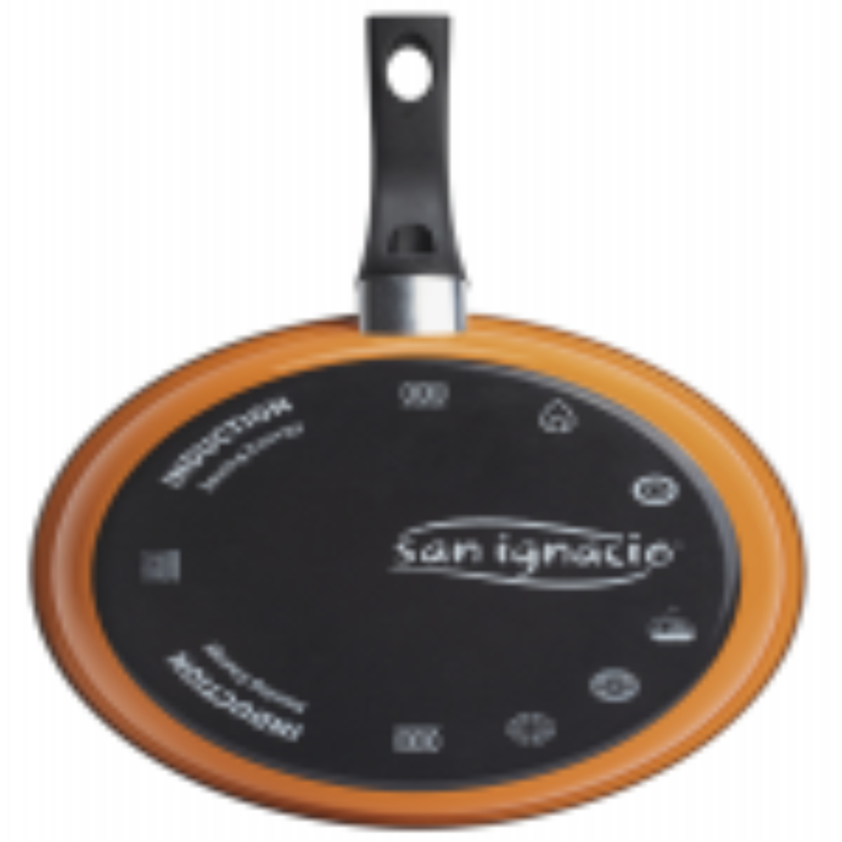 Sartén de inducción naranja San Ignacio sobre una superficie blanca, con centro negro.