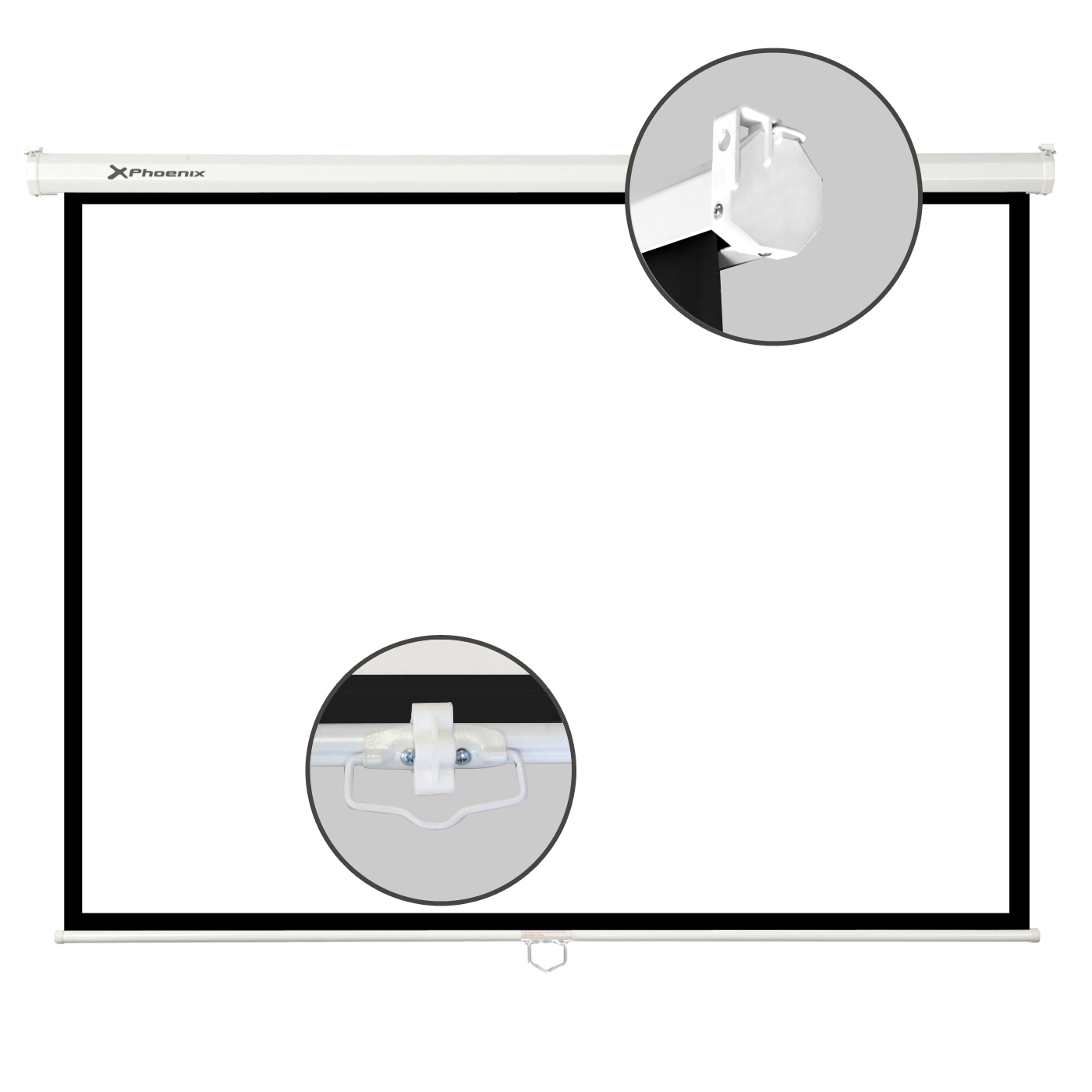 Una pantalla de proyector blanca con borde negro, y primeros planos del montaje.