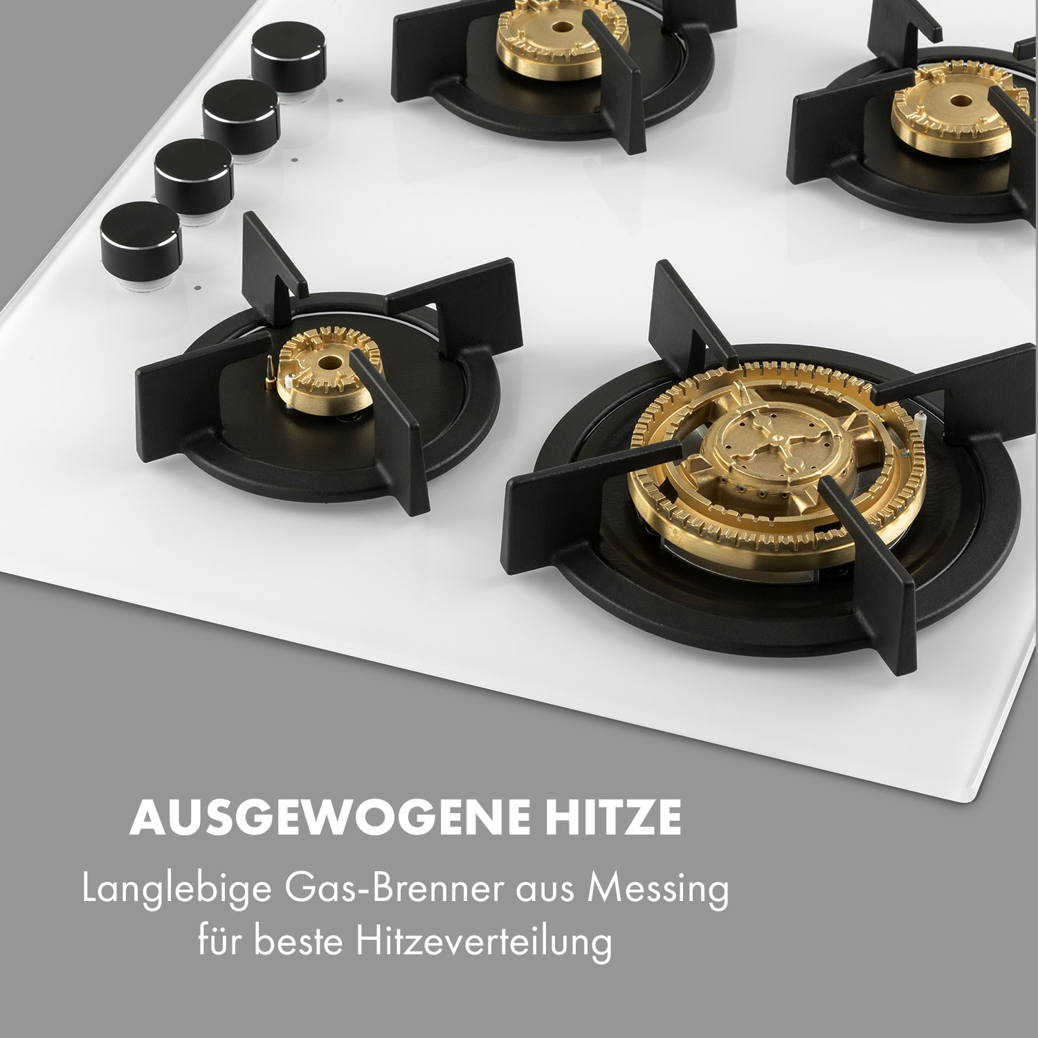 Weißes Gasfeld mit schwarzen Brennern und goldenen Details. Knöpfe schwarz.