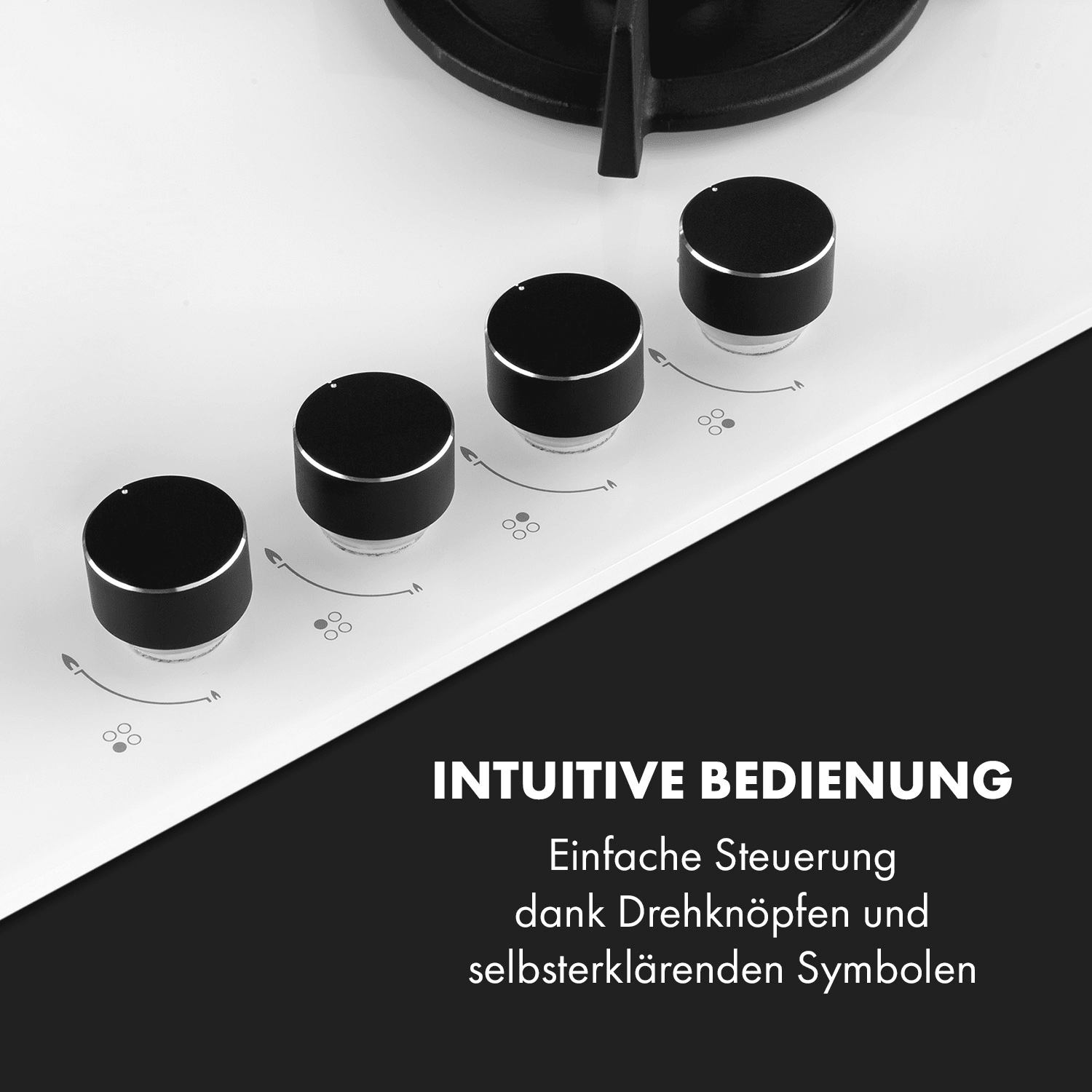 Weißes Kochfeld mit schwarzen Knöpfen und Text auf schwarzem Hintergrund.