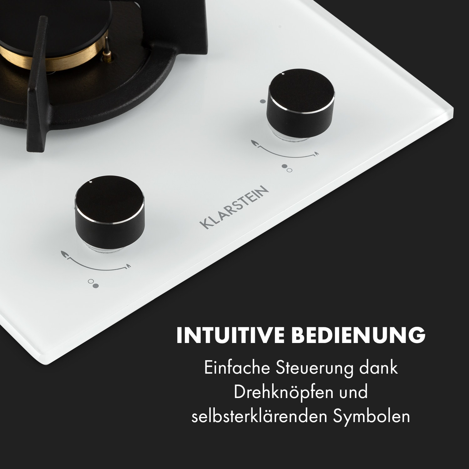 Nahaufnahme eines weißen Gasherds mit schwarzen Knöpfen, mit Text über intuitive Steuerung.