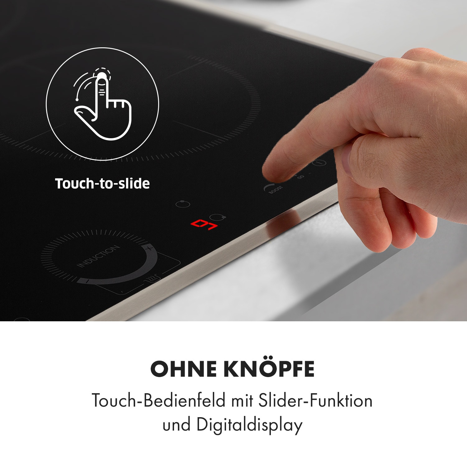 Eine Hand berührt ein schwarzes Induktionskochfeld mit Touch-to-Slide-Funktion und digitaler Anzeige.