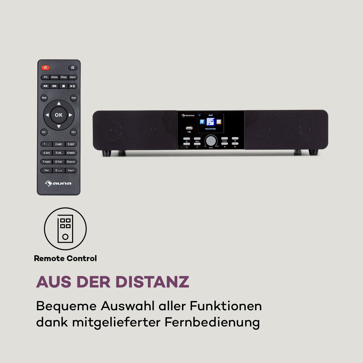 Ein schwarzes Audiogerät mit Fernbedienung und Text auf Deutsch.