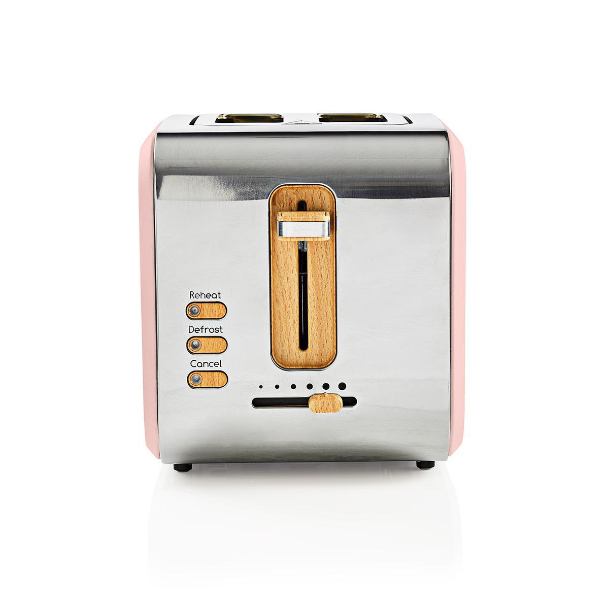 Różowy i srebrny toster z drewnianymi akcentami. Białe tło.