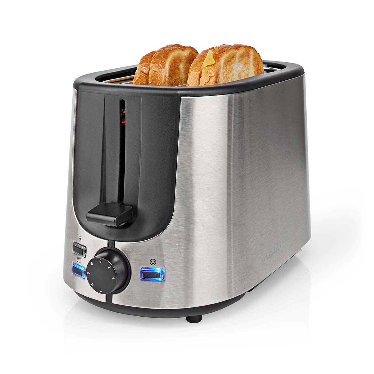 Silberner Toaster mit zwei Toastscheiben. Schwarz und Silber mit blauen Lichtknöpfen.