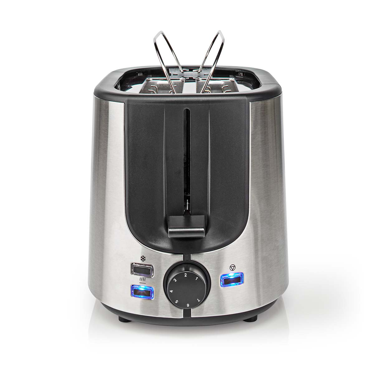 Ein silberner Toaster mit schwarzer Oberseite, Vorderansicht.