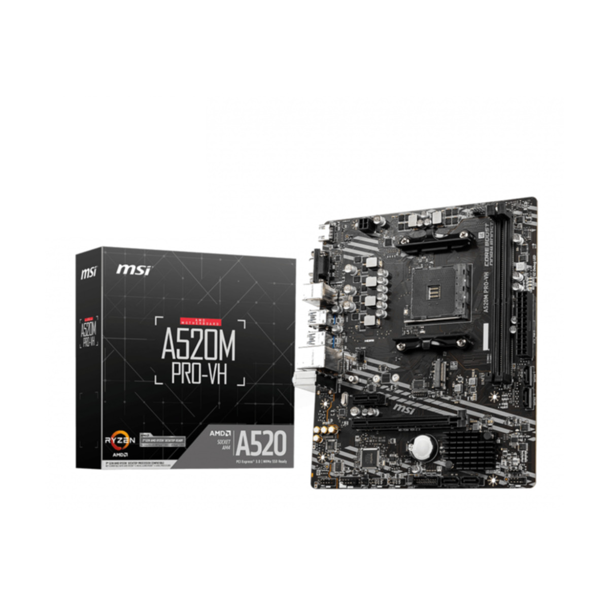 Schwarzes Motherboard mit einer Box. Die Box hat das MSI-Logo und den Text A520M PRO-VH.