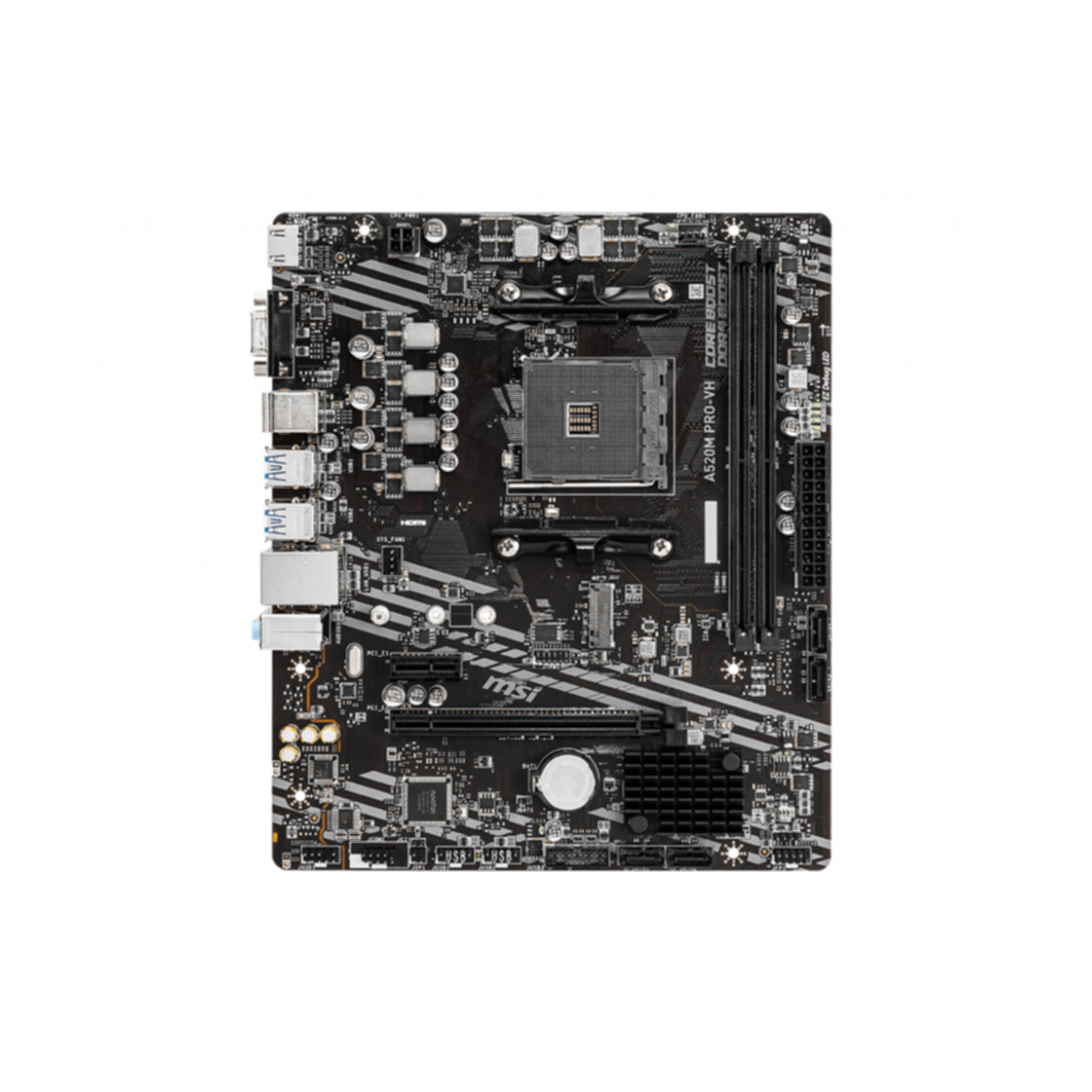 Schwarzes Computer-Motherboard mit verschiedenen Komponenten, isoliert.