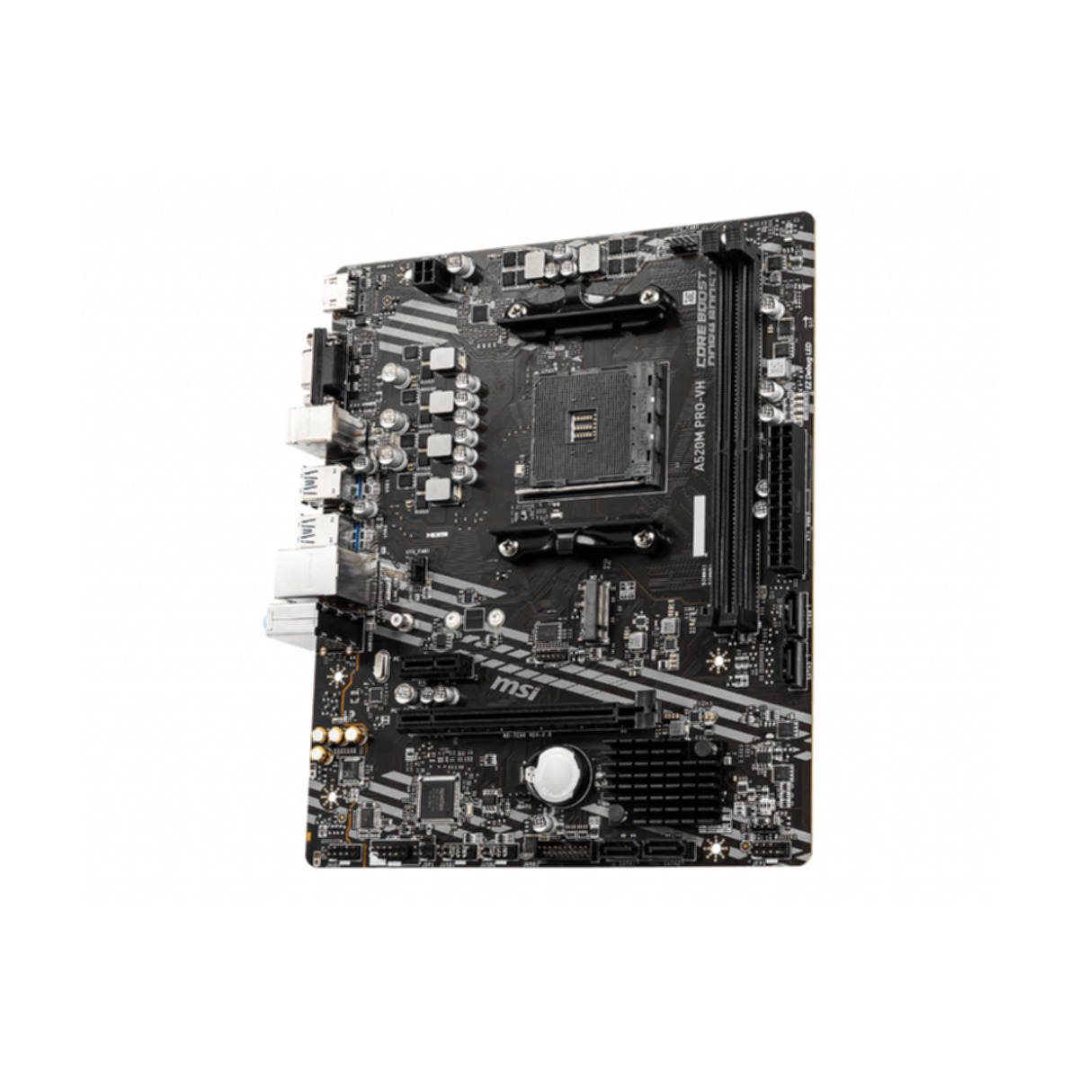 Schwarzes Motherboard mit verschiedenen Komponenten, auf weißem Hintergrund.