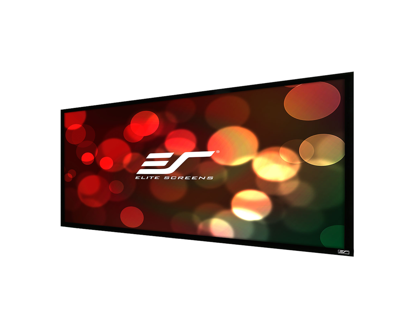 Eine schwarze, rechteckige Projektionsleinwand mit dem Elite Screens-Logo auf unscharfem Hintergrund.