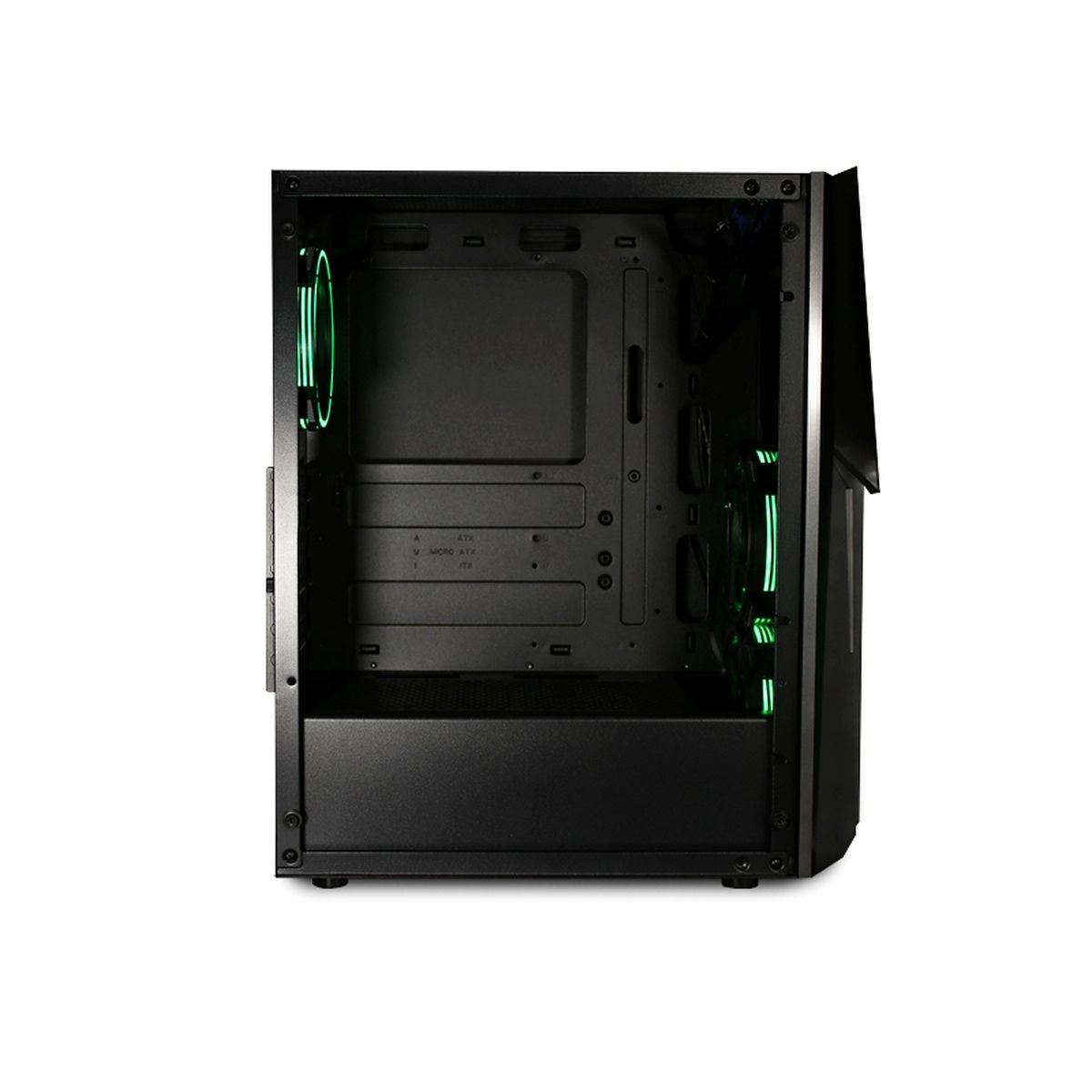 Interno di un case per PC nero con luci e componenti verdi. Sfondo bianco.