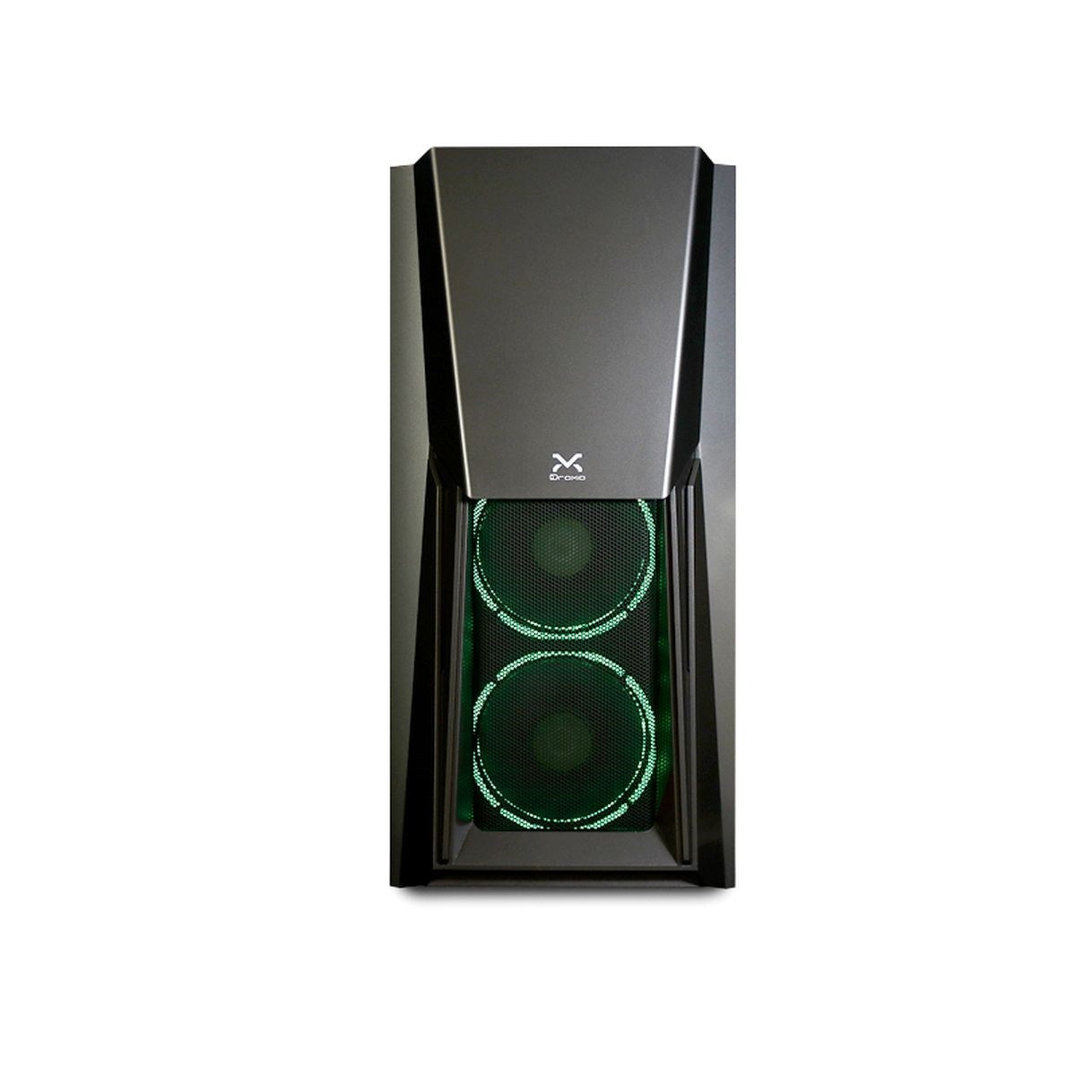 Un case per computer nero con luci a LED verdi, visibili attraverso il pannello frontale.