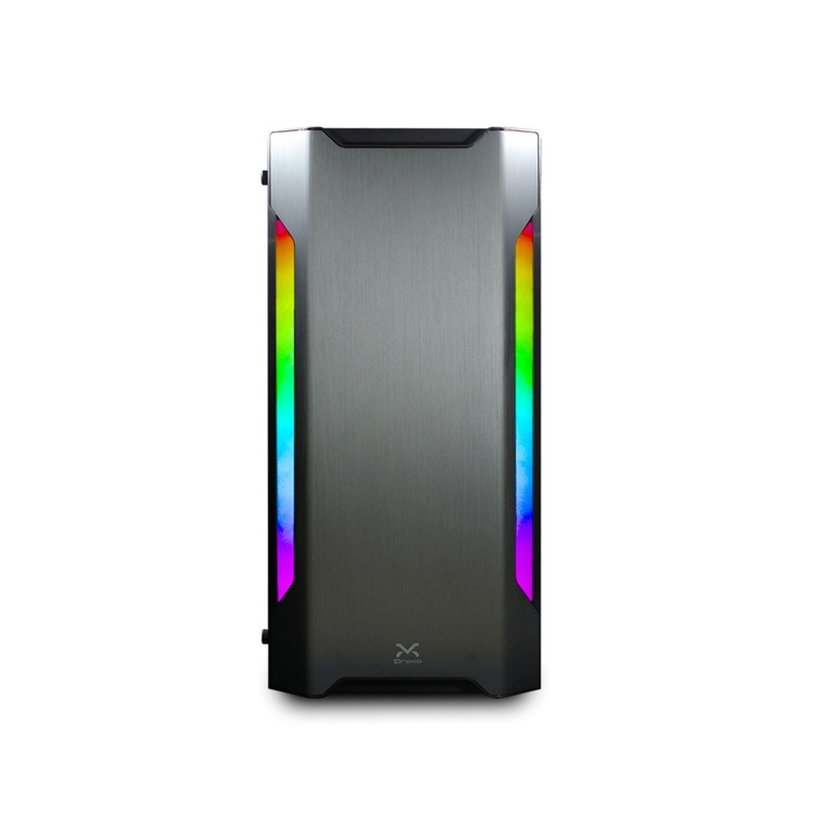 Un case grigio per computer con luci LED RGB sui lati.