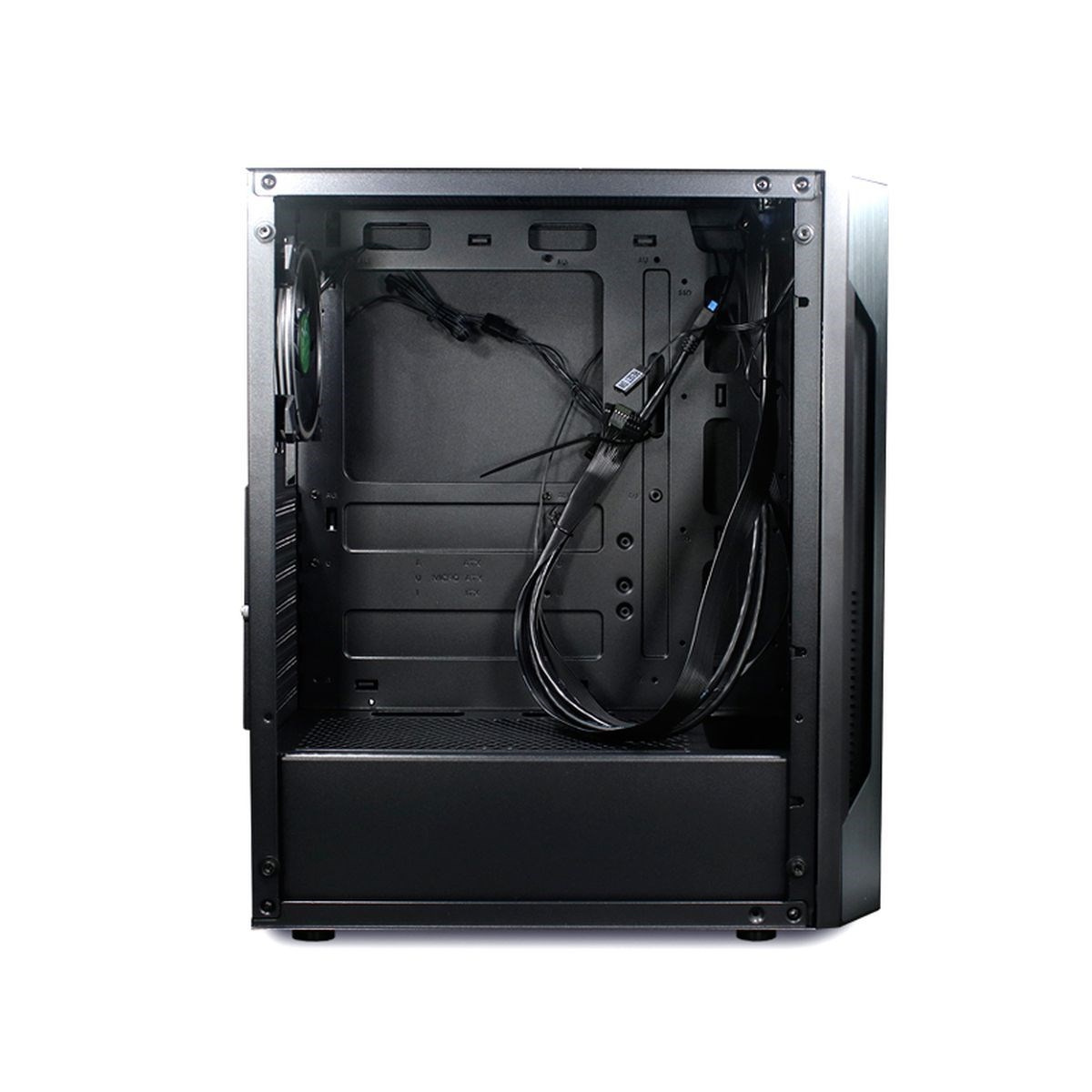 Case nero per computer. Aperto, mostra componenti interni, cavi e ventola.