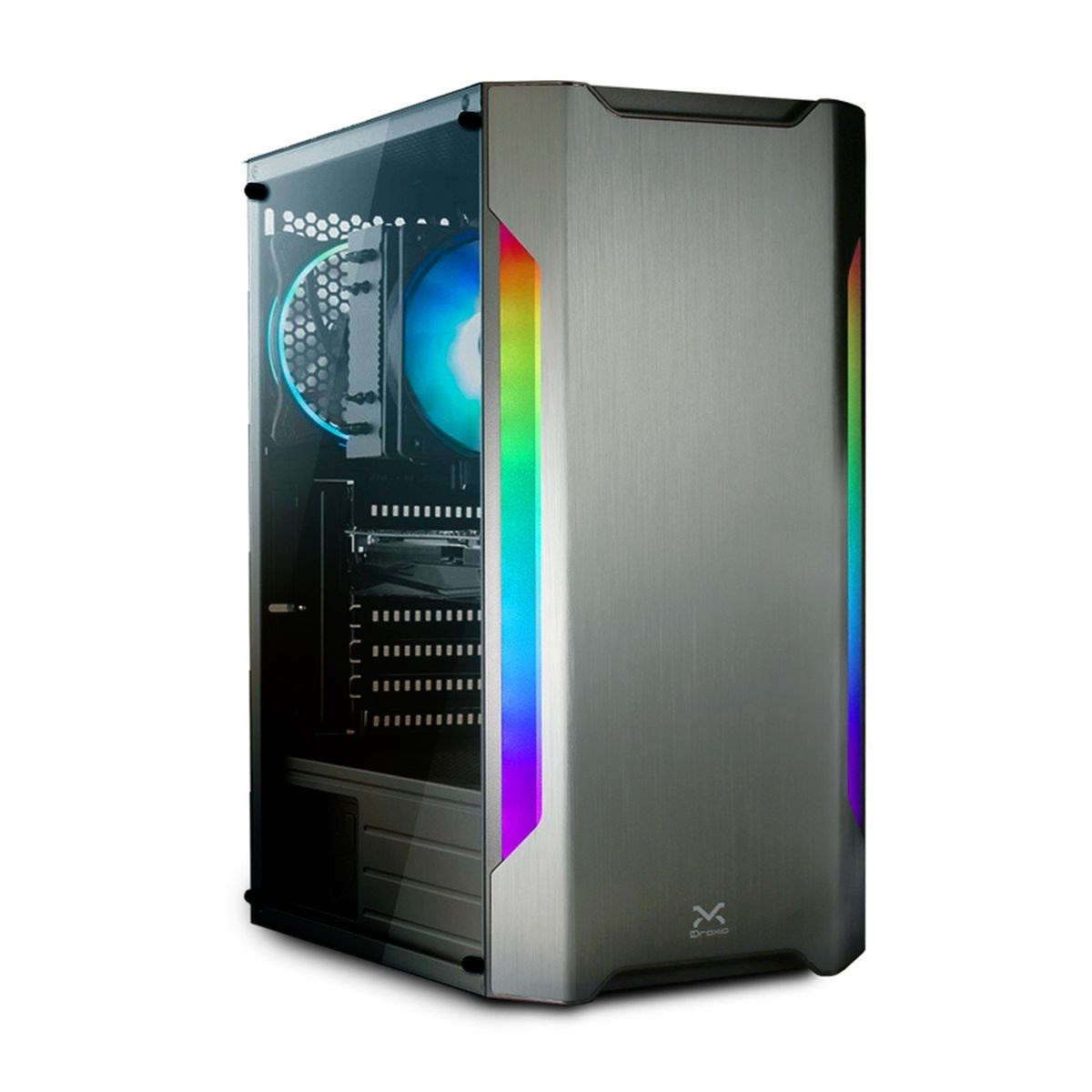 Un case per computer argentato con un pannello laterale in vetro. All'interno, è visibile una ventola blu. Luci colorate.