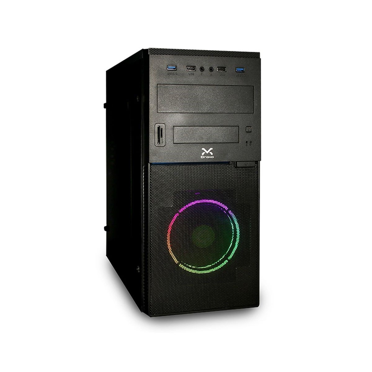 Caja de ordenador negra con luz colorida al frente. Aislada sobre fondo blanco.