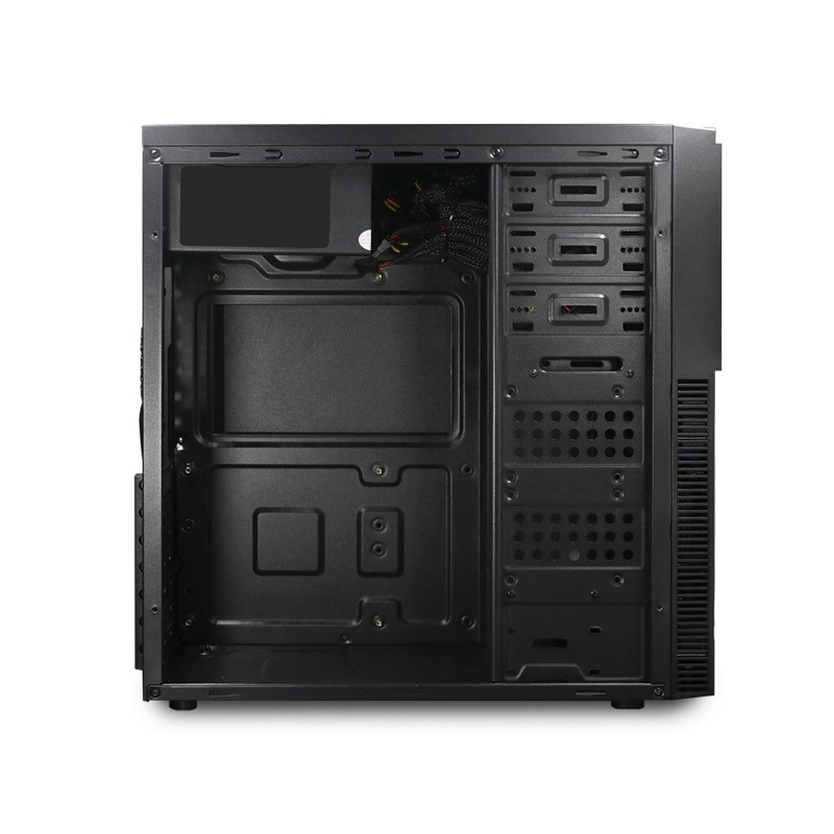 La vista interna abierta de una caja de computadora negra.