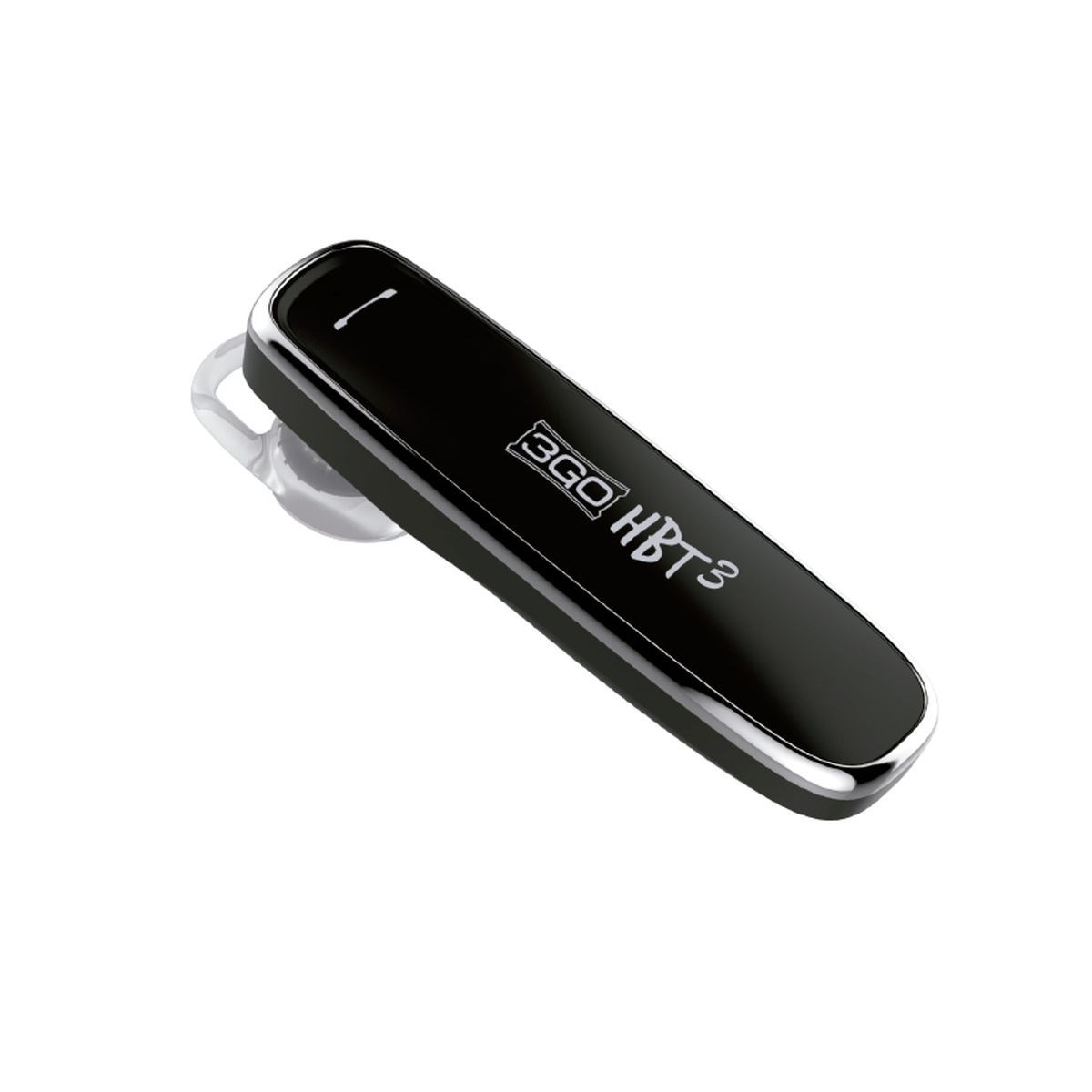 Un auricular Bluetooth negro con ribete plateado. Tiene la marca 3GO HBT³.