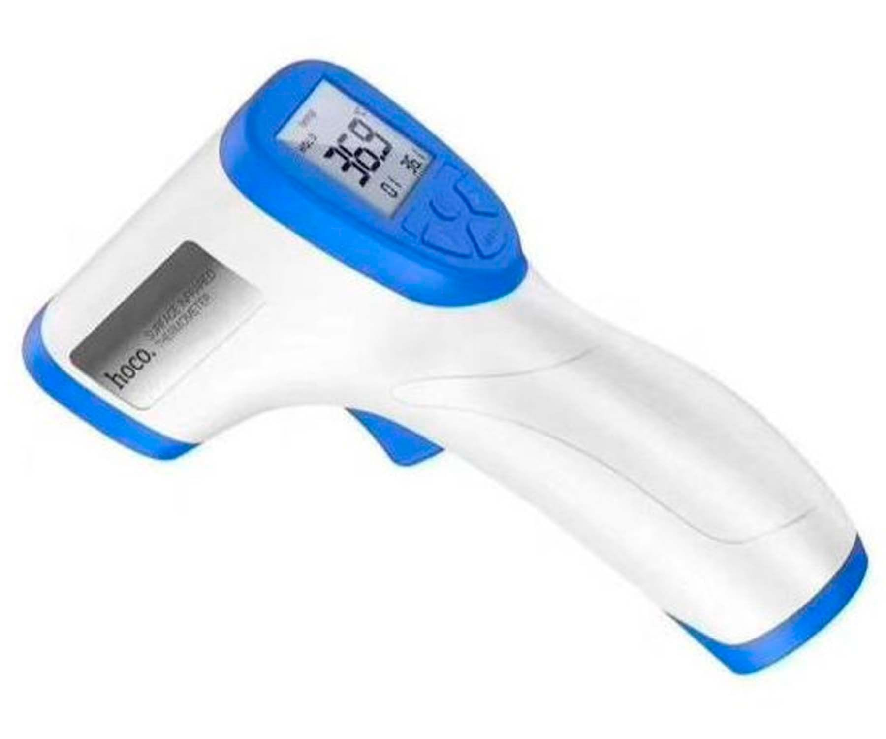 Termómetro infrarrojo blanco y azul. Muestra una temperatura de 36,9 grados.